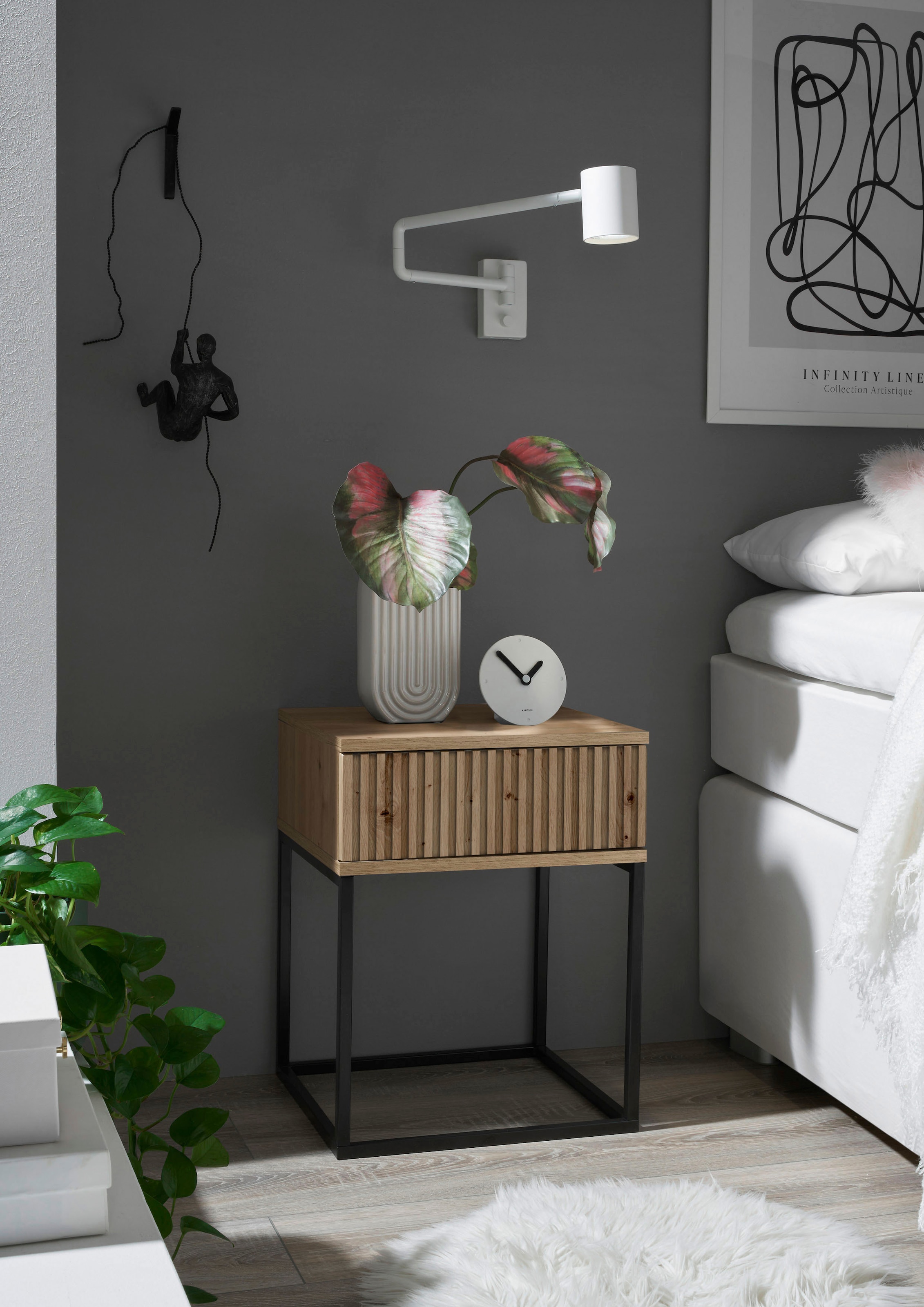 Schlafkontor Table de nuit »Marle Nachtkonsole, Nachtkästchen auf Metall-Fussgestell« Schubkasten in Rillenoptik auf schwarzem Metallgestell