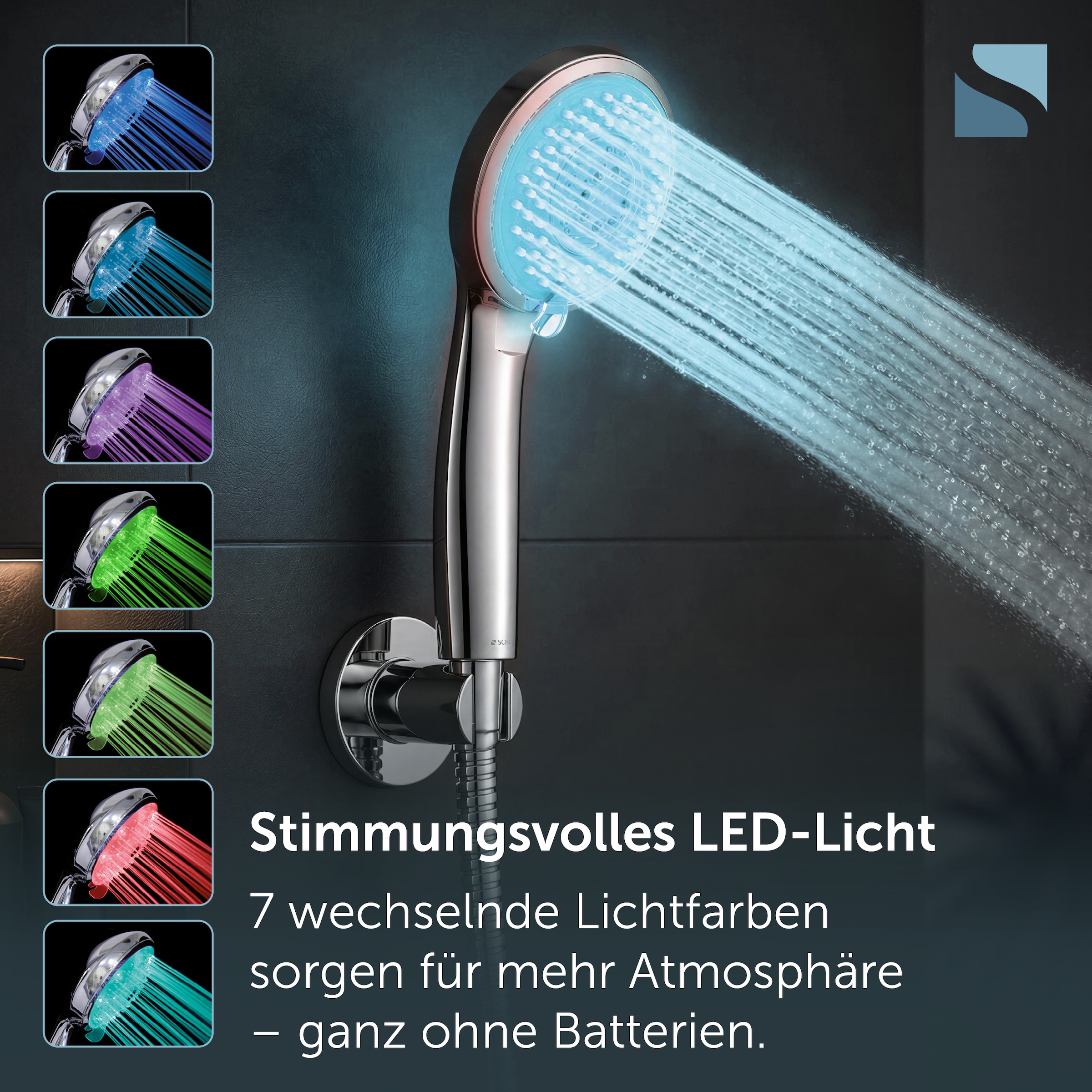 Schütte Handbrause LED Wellness Duschkopf, 3 Strahlarten, Duschbrause mit 7 Farbvarianten