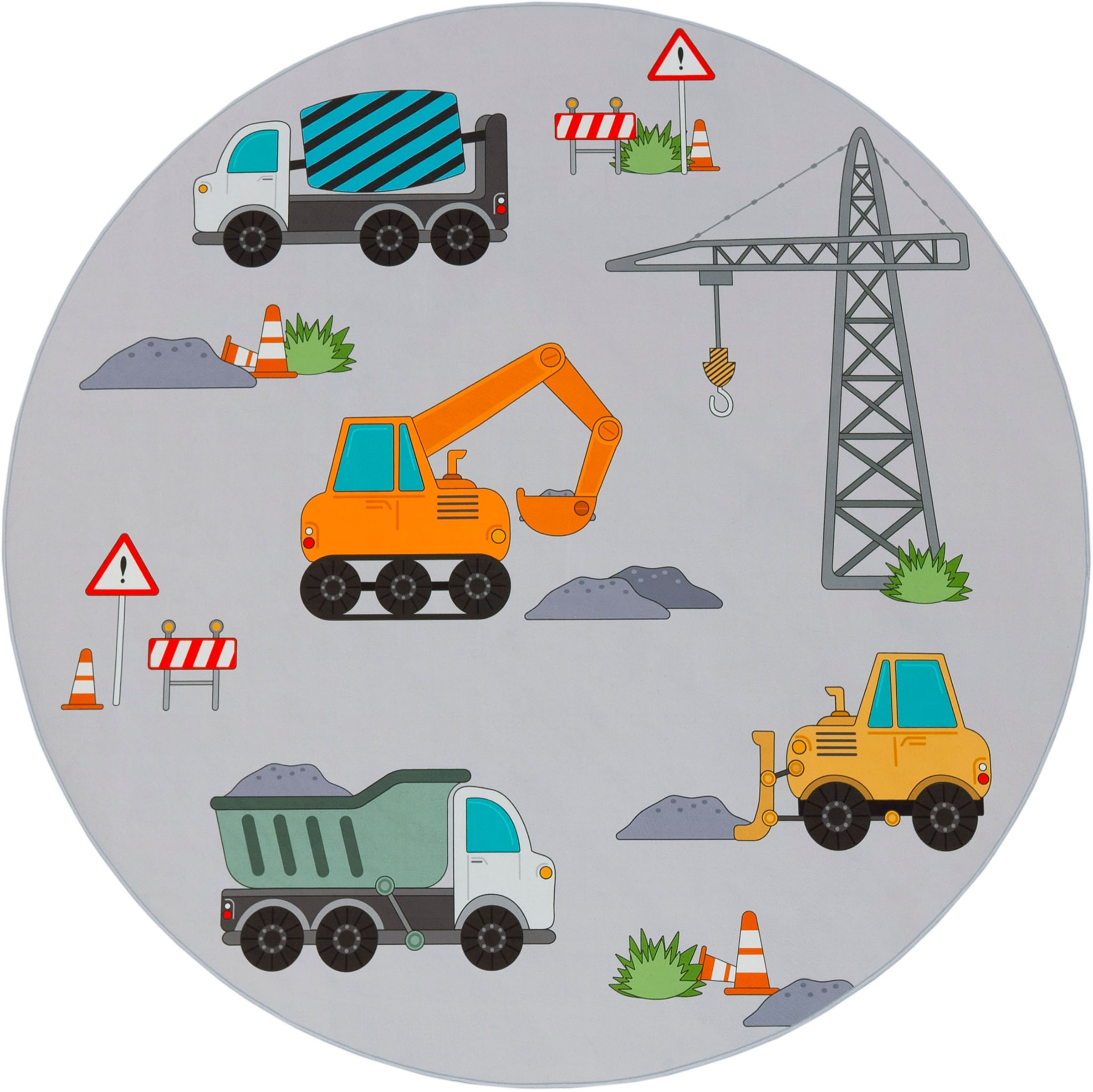 Paco Home Tapis pour enfants »Bino 579« Rond 4 mm Höhe Spielteppich, Motiv Autos & Baustelle, Kinderzimmer