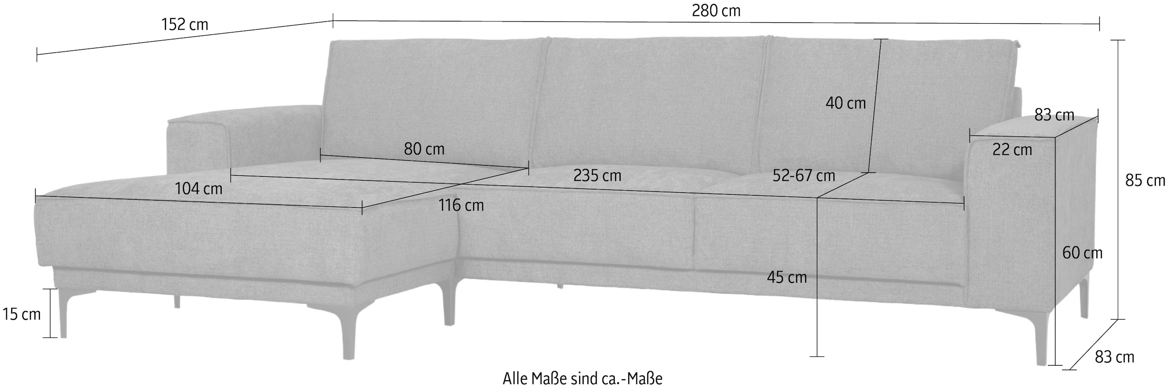 GOODproduct Ecksofa »Polsterecke, Sofa, Oland mit modernem Chenille-Bezug« L-Form, 280 cm, Wellenunterfederung, Skandi-Design, Metallfüsse