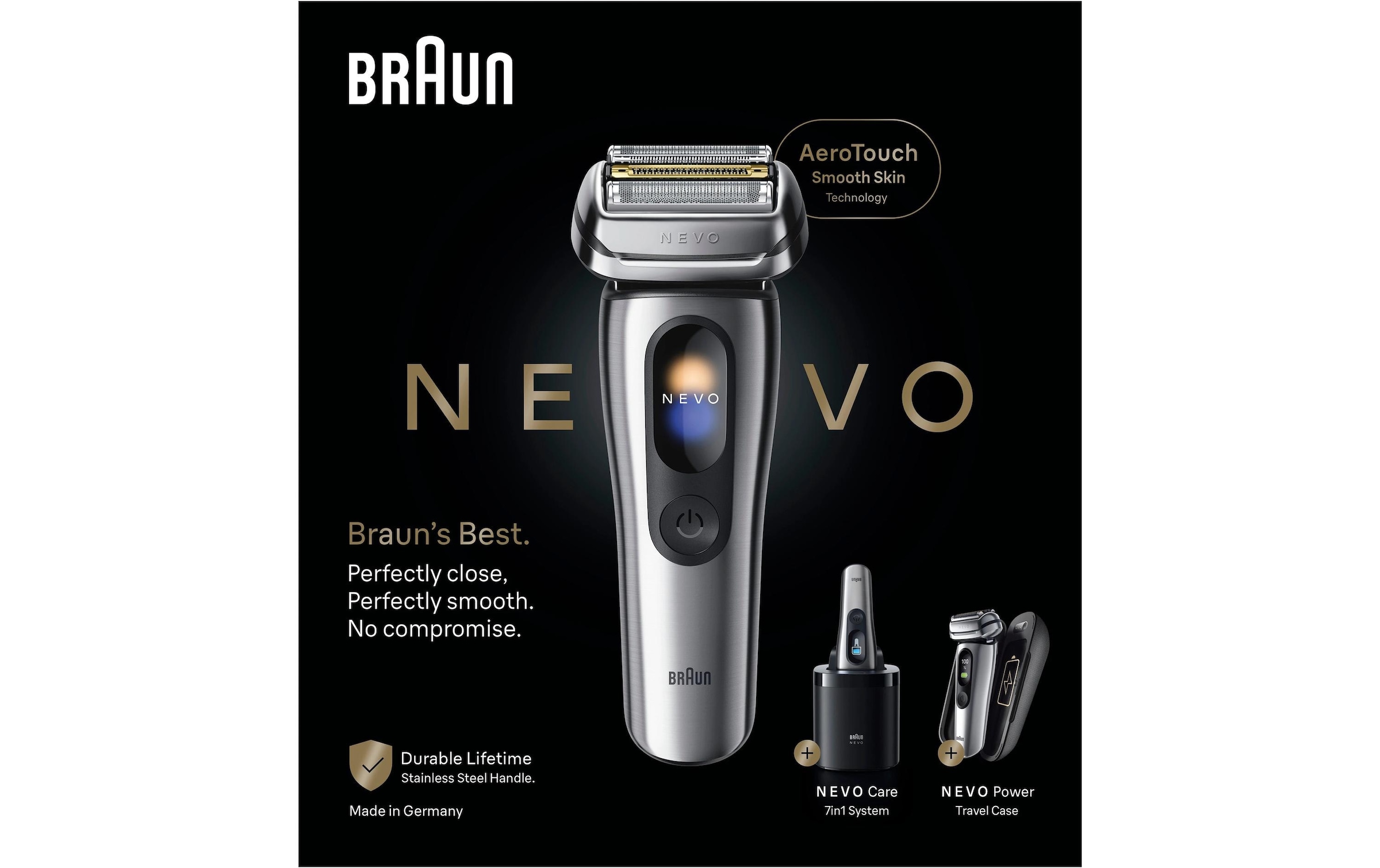 Braun Rasoirs électriques »NEVO 17000cc« station de nettoyage SmartClean Plus Tondeuse de précision intégrée AeroTouch, Écran Intelligent, Système de Soin 7-en-1, Étui de Voyage de Charge, Argent