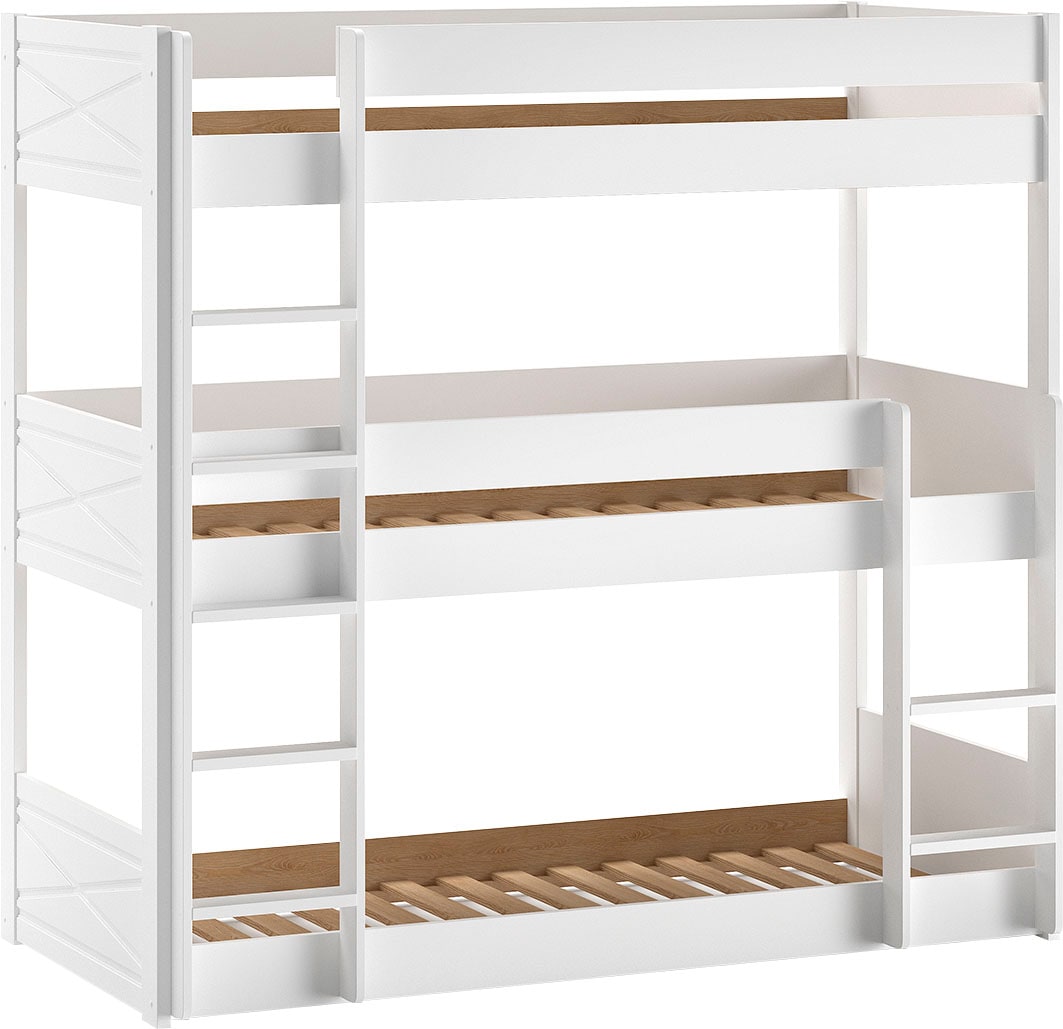 Vipack Lit superposé Fabriqué en Europe,  avec 3 lits simples de 90x200 cm et sommier à lattes, construction stable, pin massif blanc