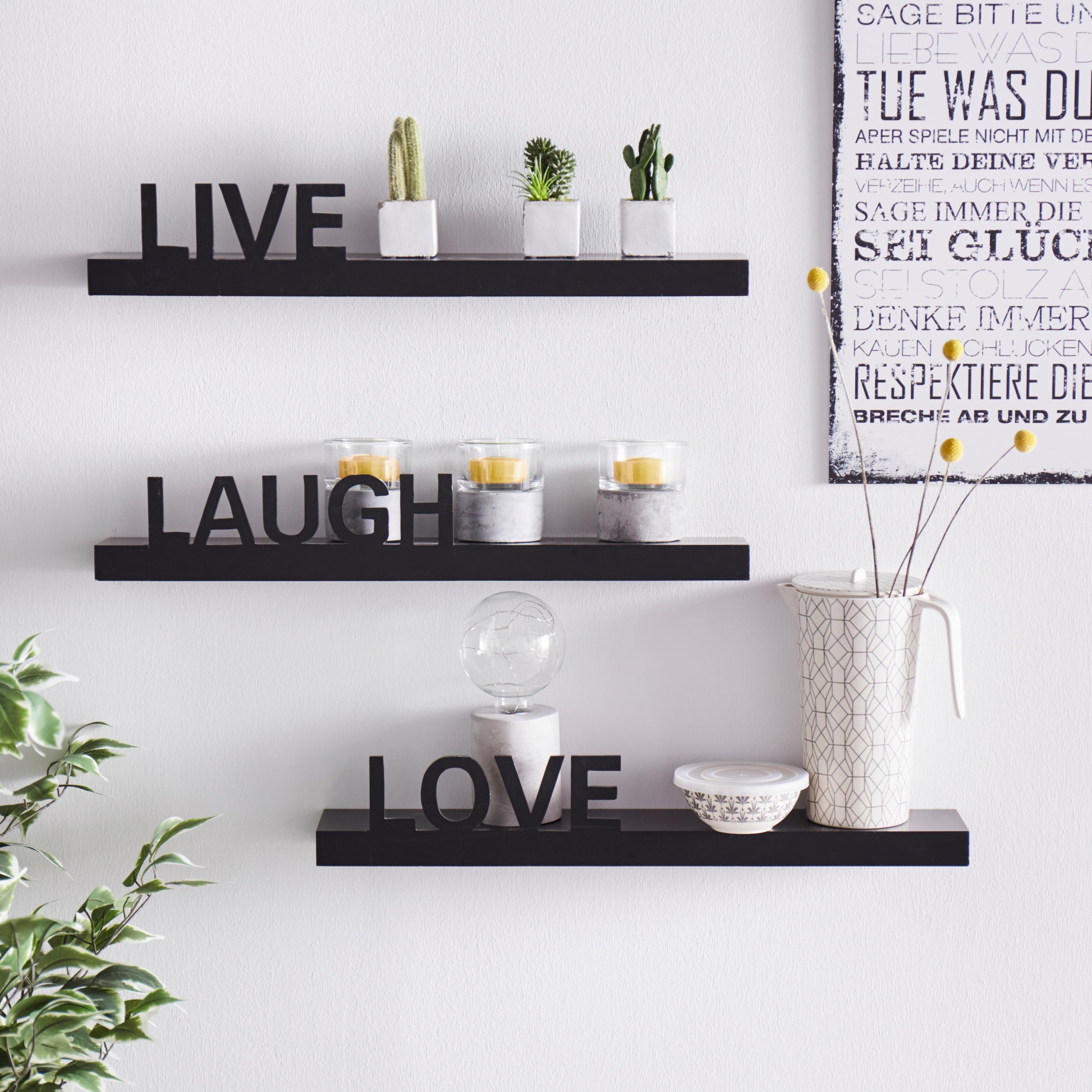 my home Deko-Wandregal »Live - Love - Laugh« Set, 3-tlg. Set, 3 Stk. tlg. Dekoregal, Wanddeko, mit Schriftzug