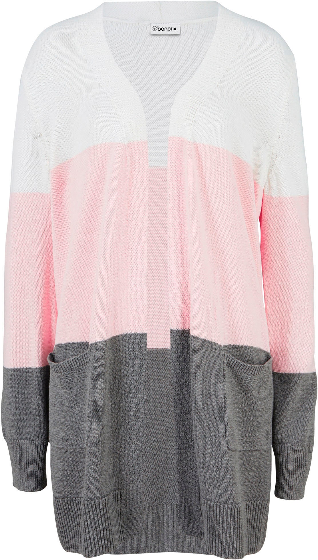 bonprix Cardigan long dreifarbig, lockere Passform, Casual Stil, mit Knopfleiste