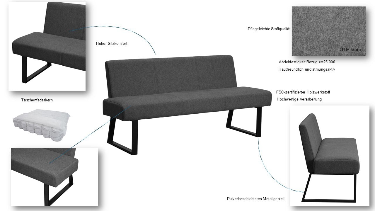 GOODproduct Banc rembourré »Gladio,« Banquette de salle à manger, banquette, banc,  avec ressorts ensachés, structure métal noir, largeur 148 cm
