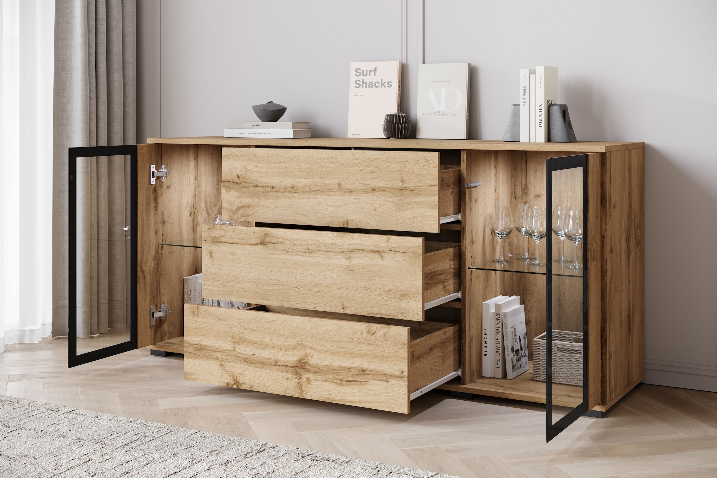 Home affaire Buffet »modernes Design mit Glaseinsätzen und 3 Schubladen, Breite 150 cm« 1 cuis tlg. façades sans poignées avec push-to-open, étagères réglables en hauteur,