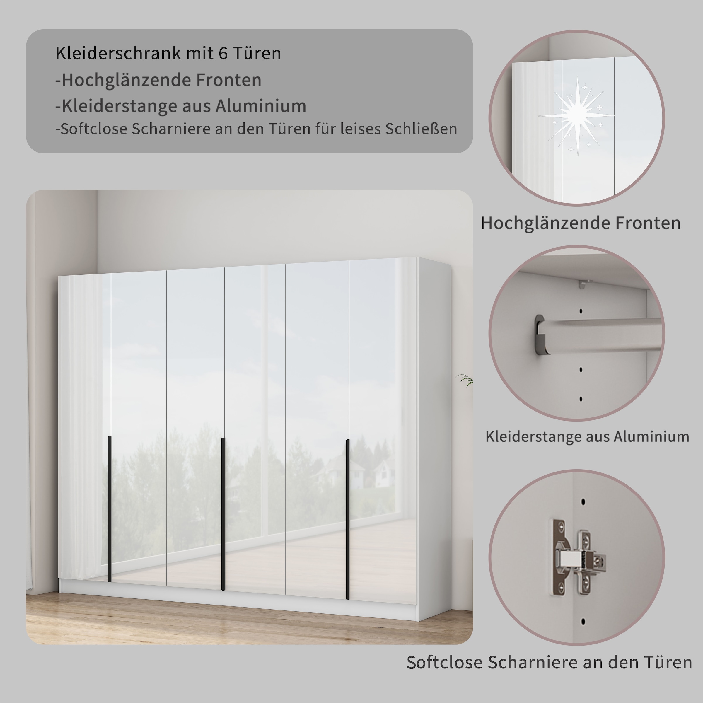 GOODproduct Kleiderschrank »Annor Schlafzimmerschrank Breite 242cm hochglanz Schrank Garderobe« Drehtürenschrank mit perfekter Innenausstattung - elegante Türgriffe