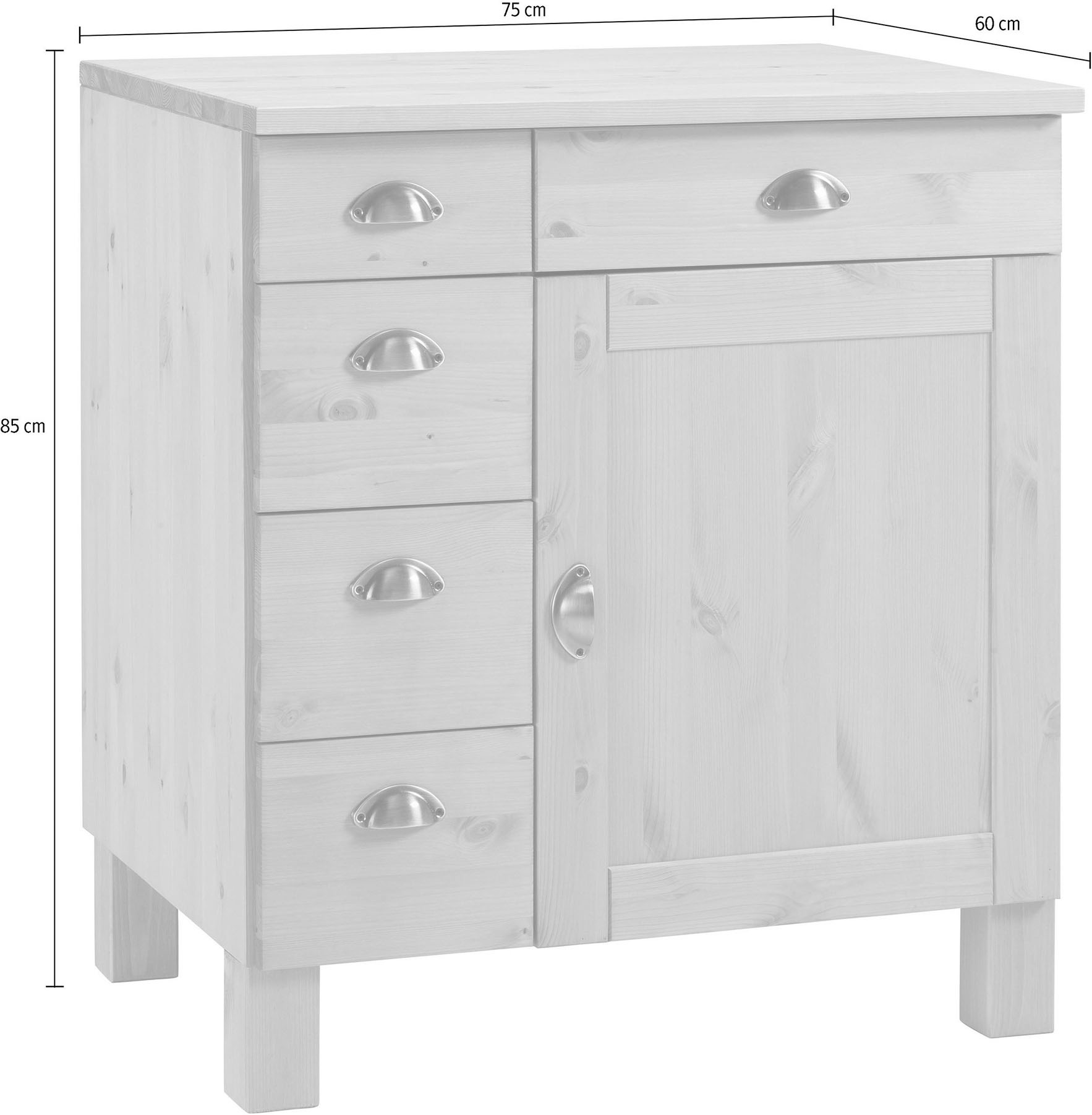 Home affaire Armoire basse »Oslo« 75 cm de large, 1 porte, 5 tiroirs, en pin, poignées métal