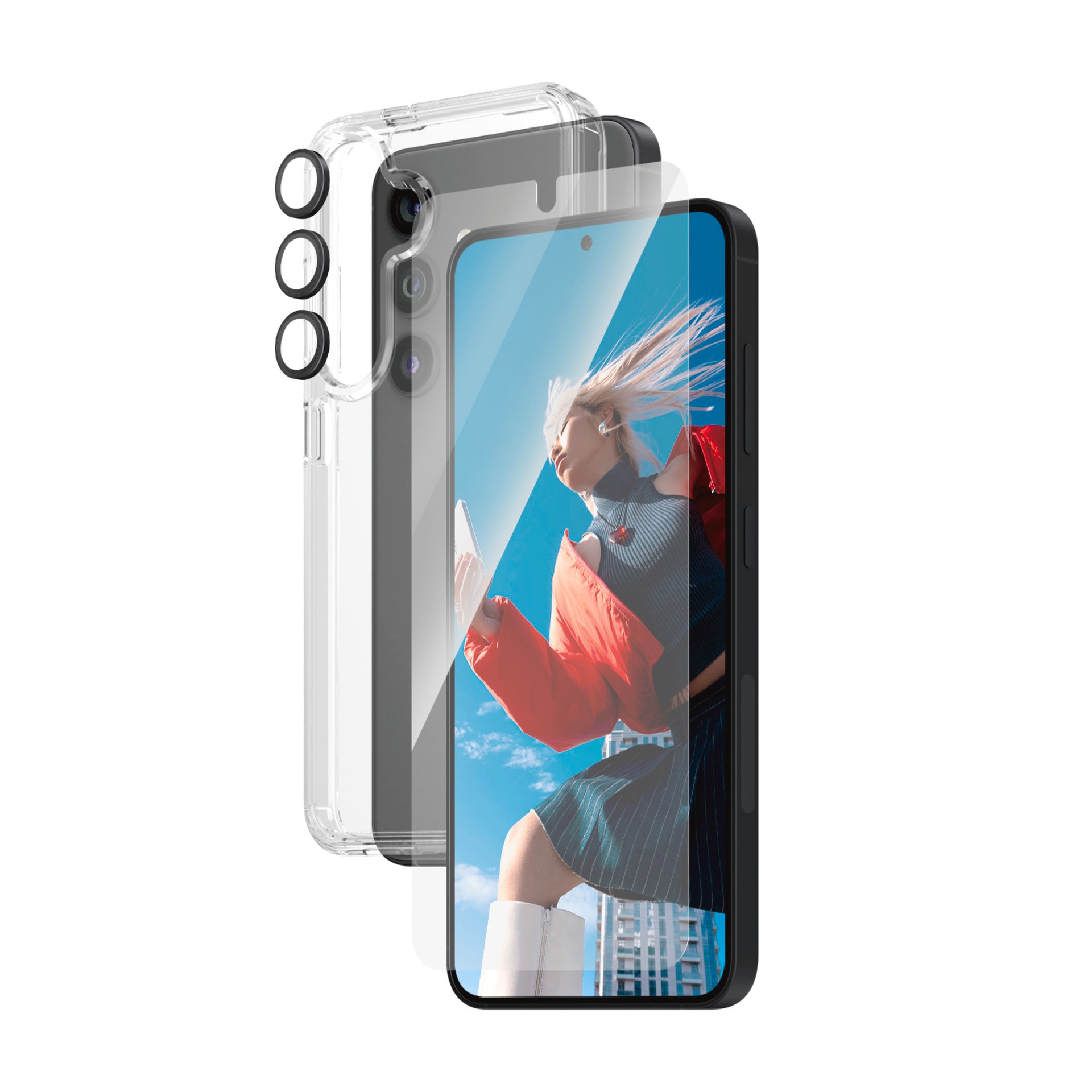 PanzerGlass Displayschutzglas »3-in-1 Bundle Set Screen Protector, HardCase, Hoops« für Samsung Galaxy S24 Displayschutzfolie, Schutzfolie, Bildschirmschutz, kratz- & stossfest