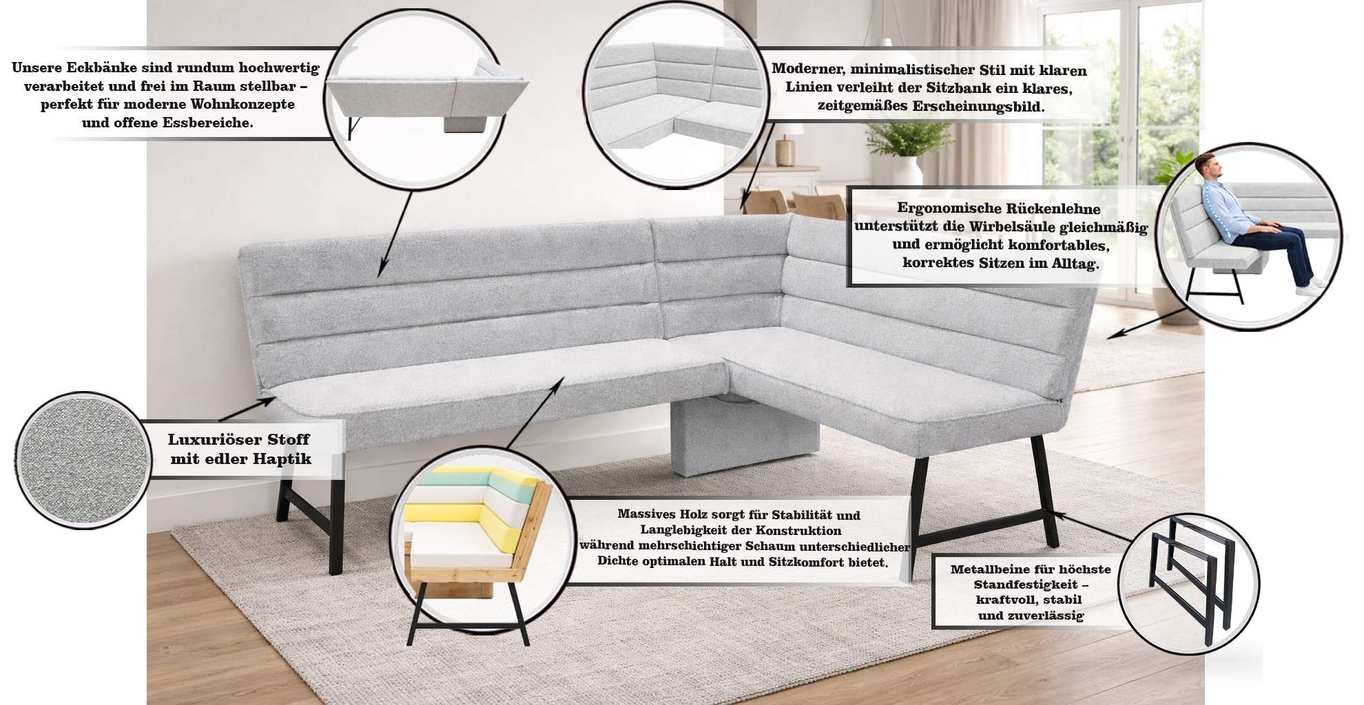 GOODproduct Banc d'angle »Oregon Küchenbank, Polsterbank, Esszimmerbank, 177x140 cm« Moderne Bank und  Farben, Sitzplatzanzahl: 4/5, Frei in Raum stellbar