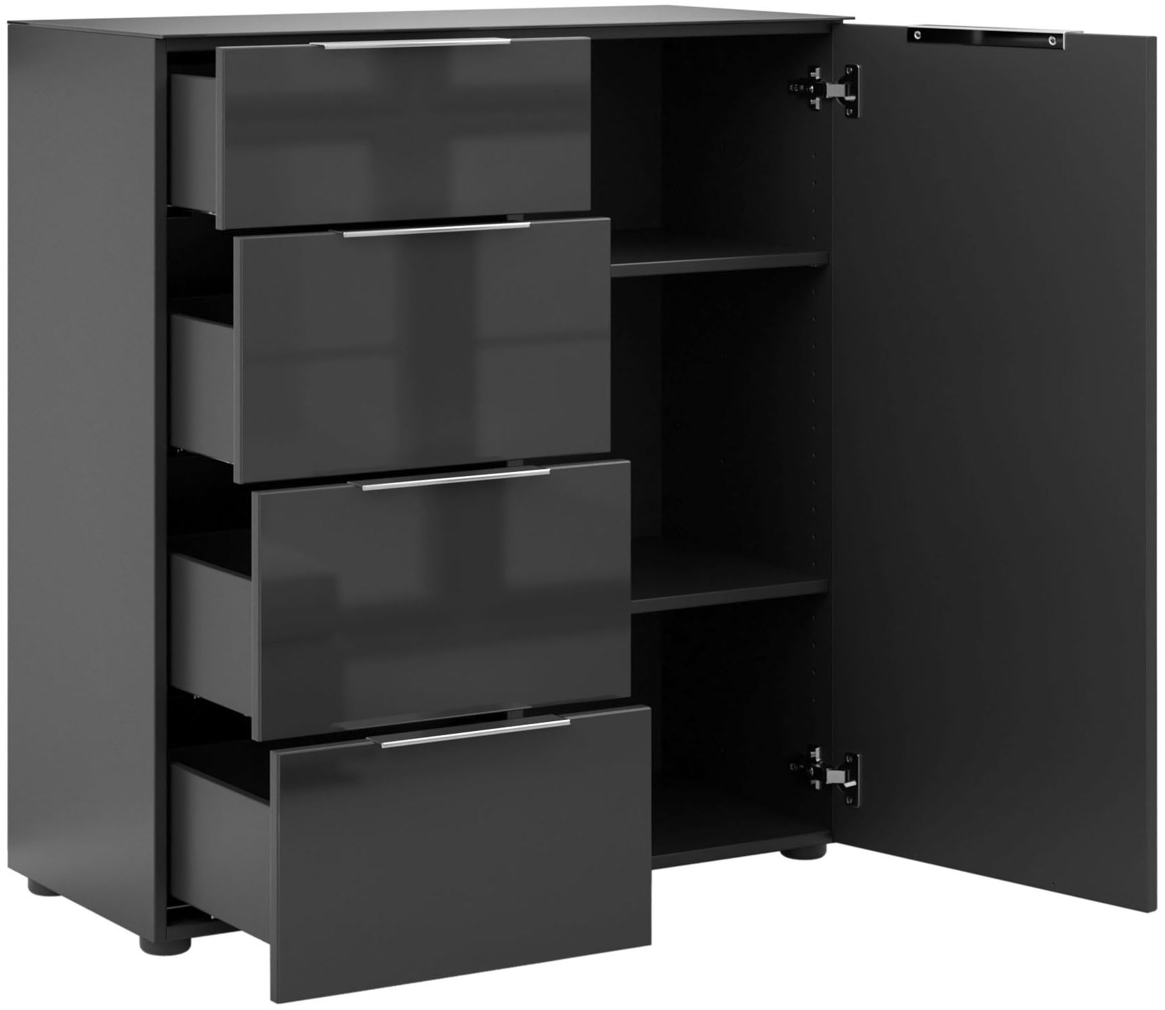 Manjana Möbel Kommode »mit Chrom oder Schwarz matten Metallgriffen & Glasfront, Soft-Close« melaminbeschichteter Korpus, mit Vollauszug, Made in Germany