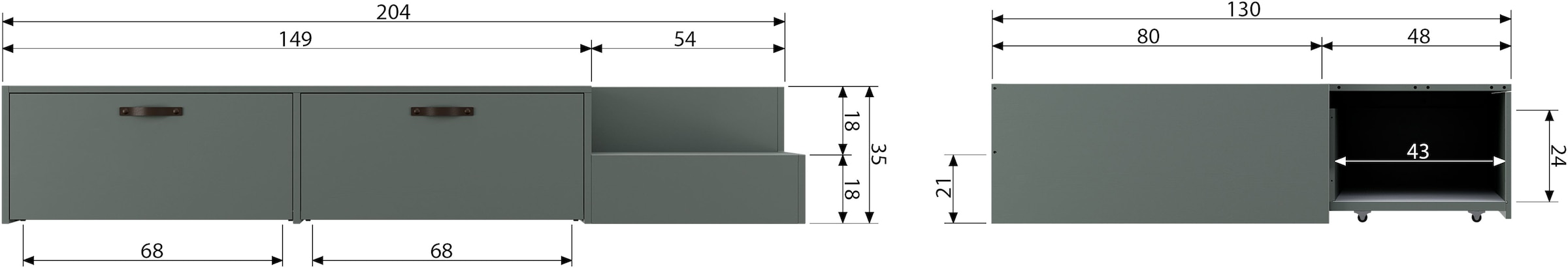 WOOOD Stauraumbett »Stage Massivholz FSC®-Kiefernholz mit Trittstufen 204 x 131 x 35 cm« Rollauszüge mit Ledergriff, breite Holzkante, Matratzenmass 80x200 cm