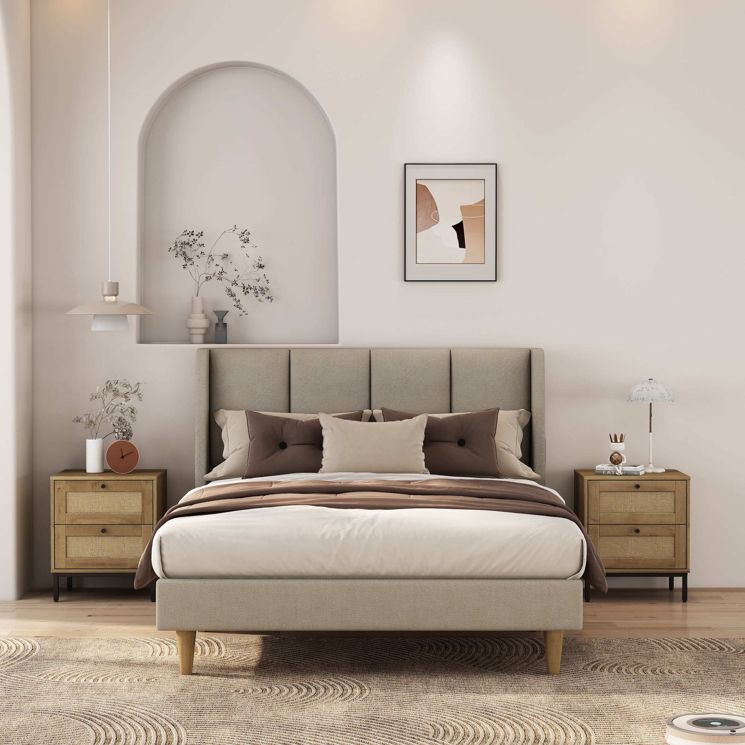 GOODproduct Nachtkommode »Motala Schlafzimmerschrank Garderobe Boho Eichen-Design« Set, 2 Schränke im Set - Eichen-Design mit schwarzen Griffen,  Nachttisch Set mit je 2 Schubladen mit wiener Geflecht optik