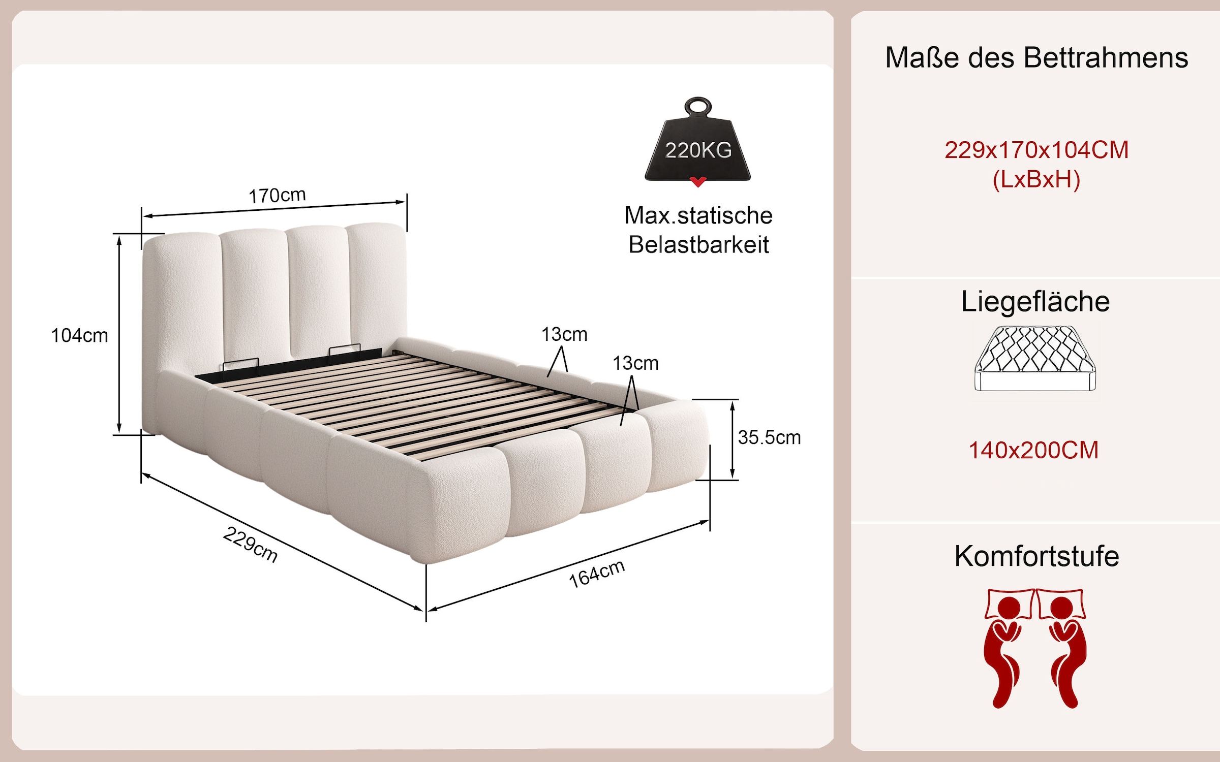 GOODproduct Lit rembourré »MERLINDA, Stauraumbett mit Lattenrost und Bettkasten, Chenille-Bezug« tête de lit et cadre fortement rembourrés, surface de couchage 140x200 / 180x200 cm