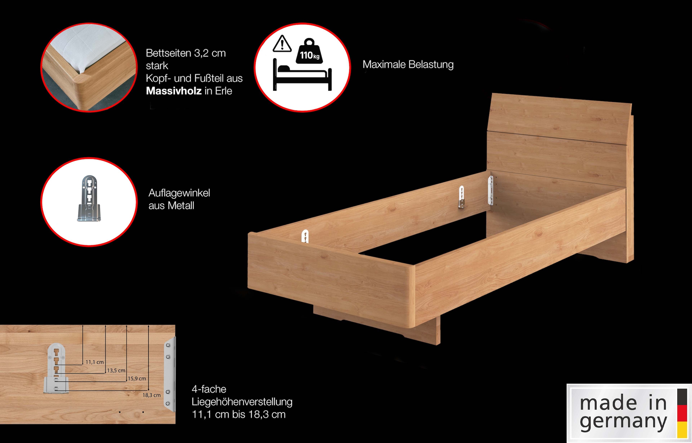 WIEMANN Lit en bois »Cardiff, Bettgestell, Bettrahmen, teilmassiv Erle« Capacité 110/220 kg, réglable en 4 hauteurs, MADE IN GERMANY,  Tête et pied en bois massif d'aulne, différentes tailles
