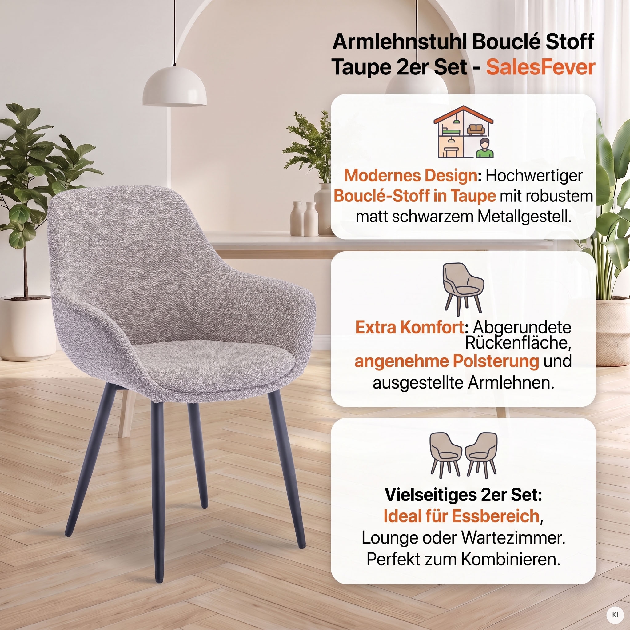 SalesFever Chaise avec accoudoirs »Esszimmerstuhl mit elegantem Komfort« (Ensemble) 2 cuisrevêtement bouclé moderne