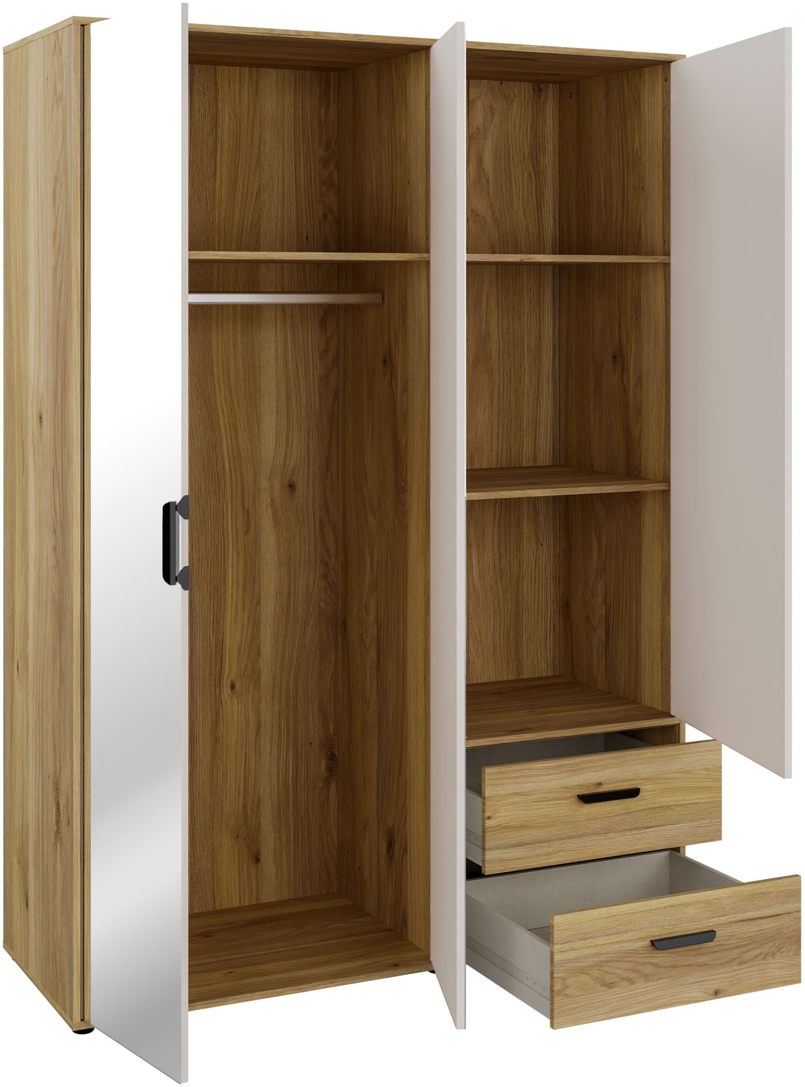 GOODproduct Kleiderschrank »AALOX, Spiegel, 3 Türen, 2 Schubladen, viel Stauraum, schwarze Griffe« Schrank ca. 140 bis 150 cm breit, schwarze Griffe, zeitloses Design