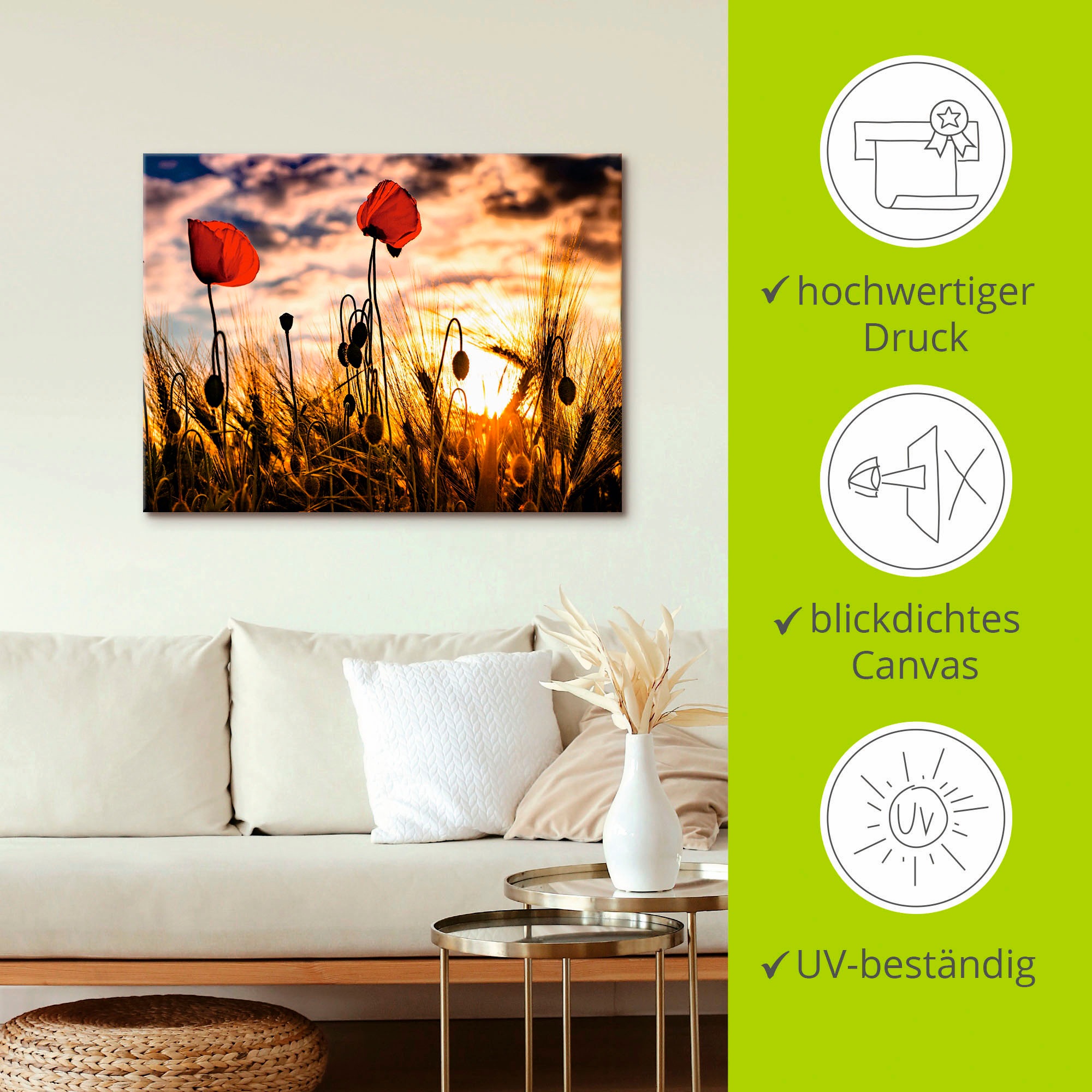 Artland Leinwandbild »Mohnblumen im Sonnenuntergang« Blumen 1 Stk. tlg. auf Holzrahmen gespannt