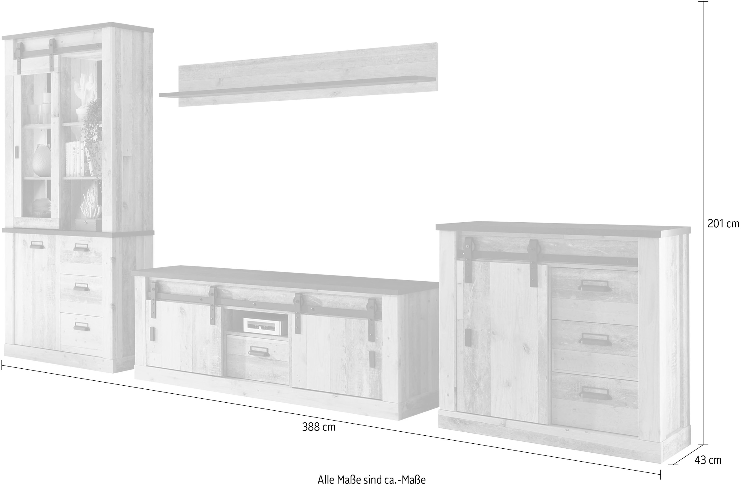 Home affaire Meuble mural »Sherwood, Anbauwand im Industrial-Style, Komplettset, Wohnzimmer-Set« 4 cuis tlg.