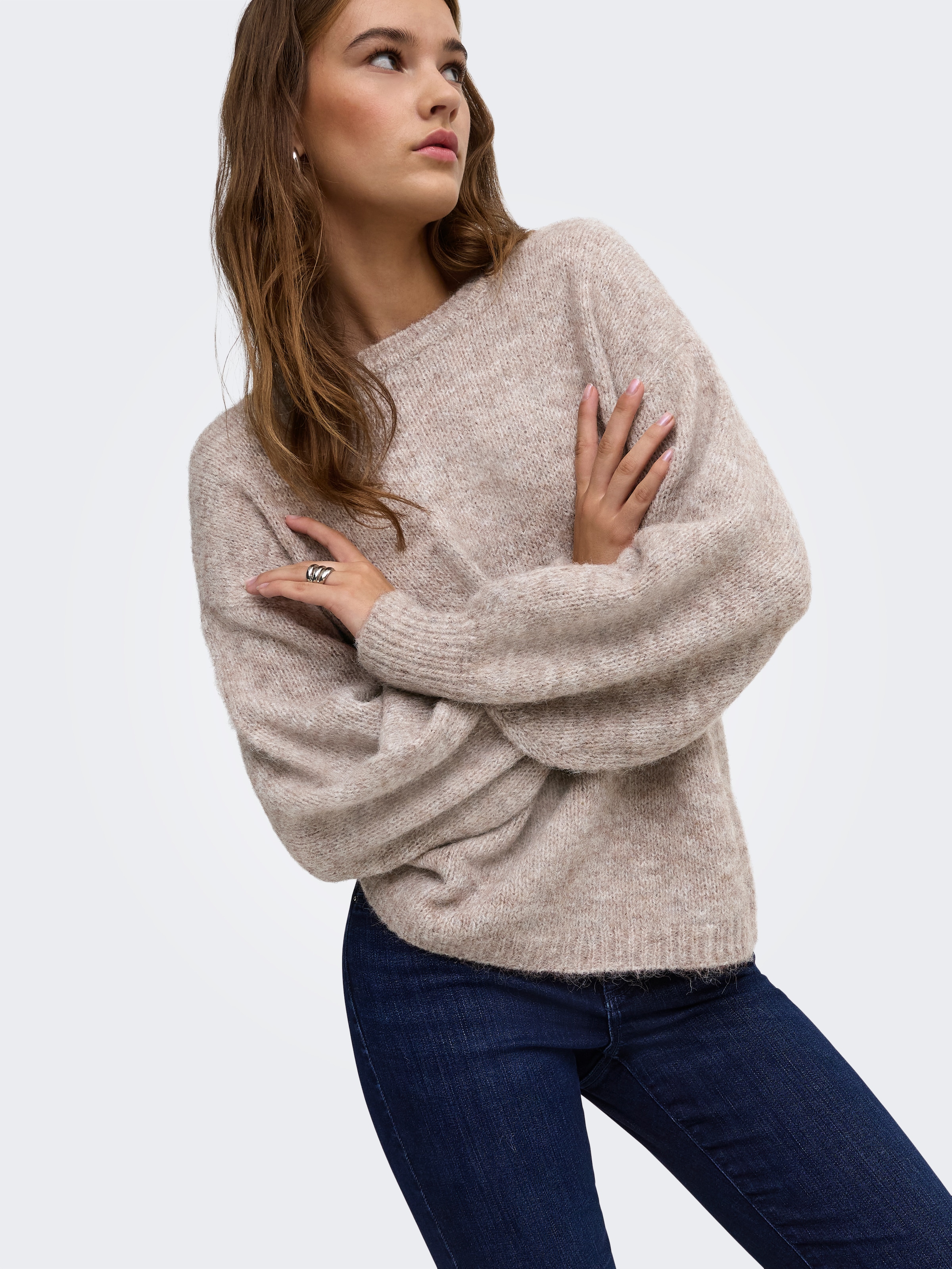 ONLY Strickpullover »ONLNELLIE LS O-NECK KNT NOOS« Materialmix, regular fit