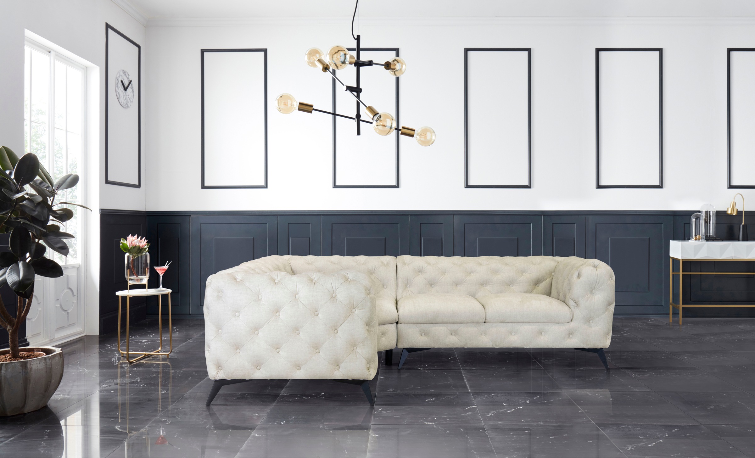 Home affaire Canapé Chesterfield »Ecksofa GLYNIS L-Form mit Wellenunterfederung, Masse B/T/H 264/204/75cm« aufwändige Knopfheftung, moderne Chesterfield Optik, Fussfarbe wählbar