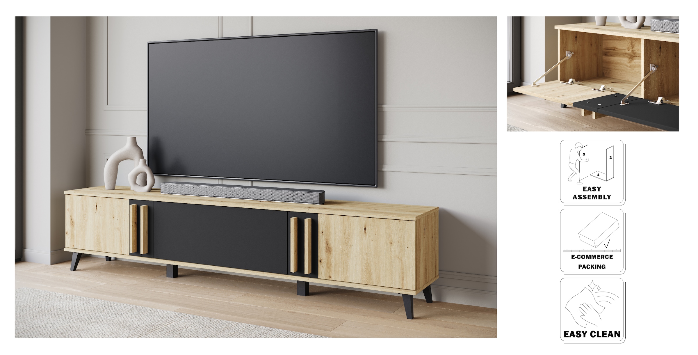 Home affaire Table basse »Helsinki, TV-Kommode Breite 180cm« 1 cuis tlg. design moderne, 3 portes pliantes