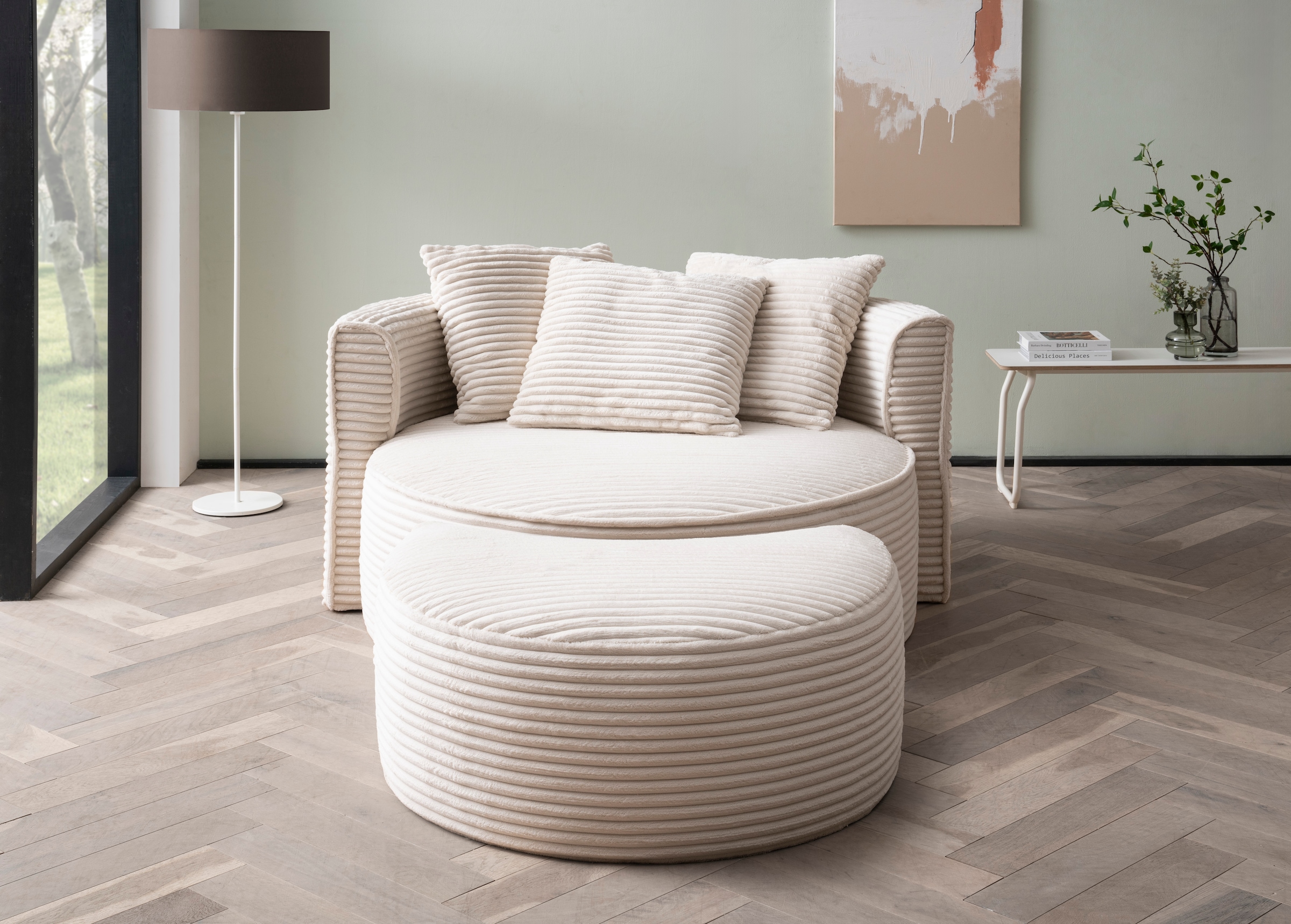 LeGer Home by Lena Gercke Fauteuil XXL »ISALIE Cord, Rundsessel mit Hocker, Lesesessel, Loveseat, Big-Sessel« Ensemble,  tissus d'ameublement tendance, 3 coussins décoratifs, grande surface d'assise