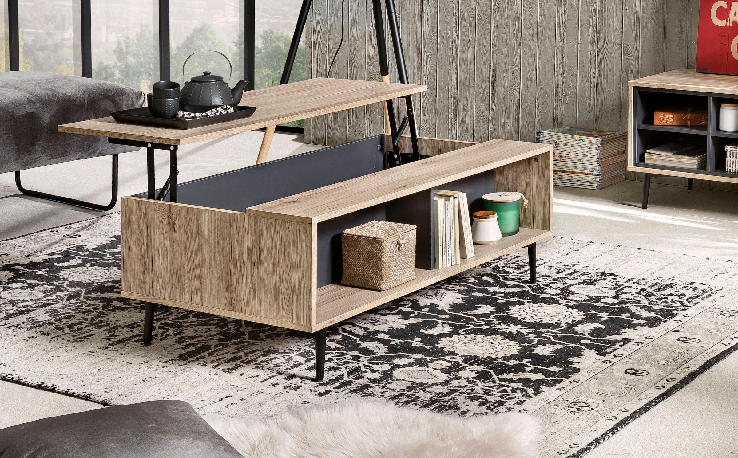 SIT Table basse »Mértola im Scandi-Stil mit 2 offenen Fächern und Ausziehplatte« Plateau réglable en hauteur avec surface de rangement extensible