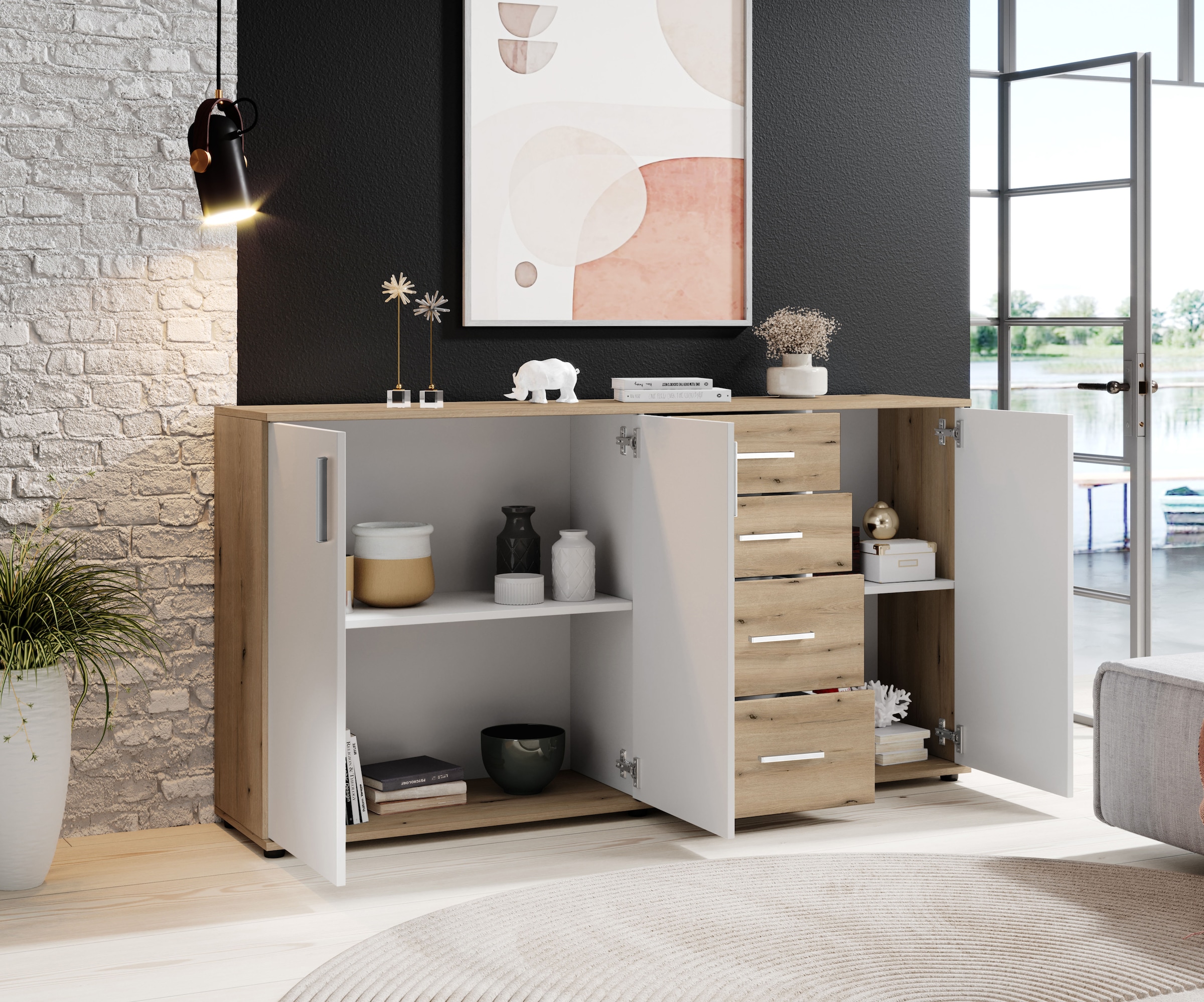 HBZ Kommode »BC-Drift-2, Sideboard Stellmass BxHxT 160x84x35 cm« 1 Stk. tlg. Sideboard mit 3 Türen und 4 Schubkästen, 2 Einlegeböden