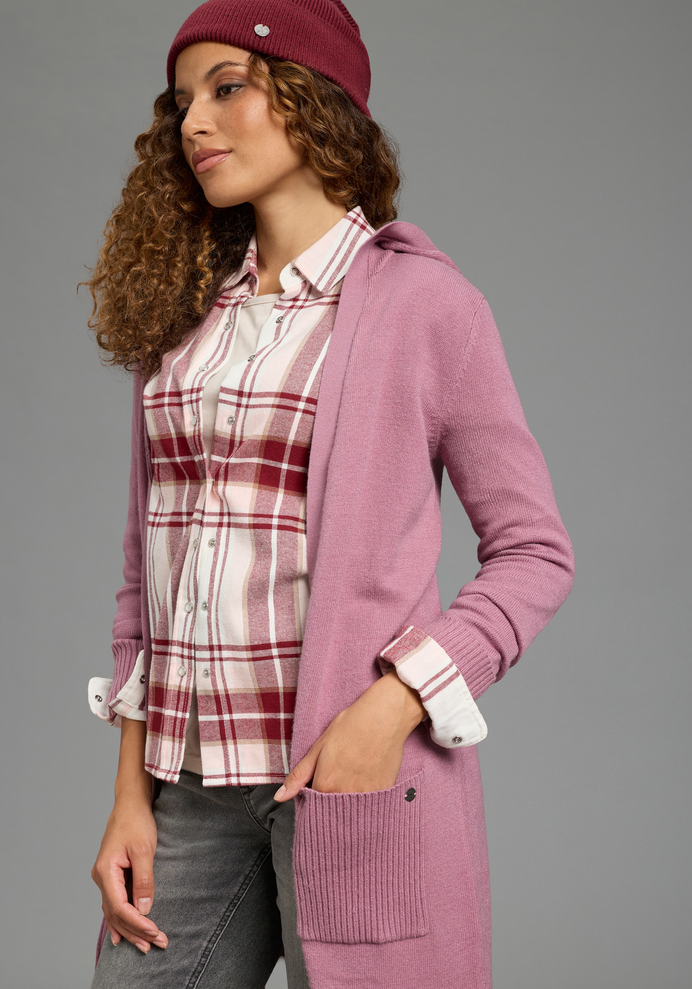 KangaROOS Cardigan long avec capuche, manches longues, coupe ajustée, sans fermeture