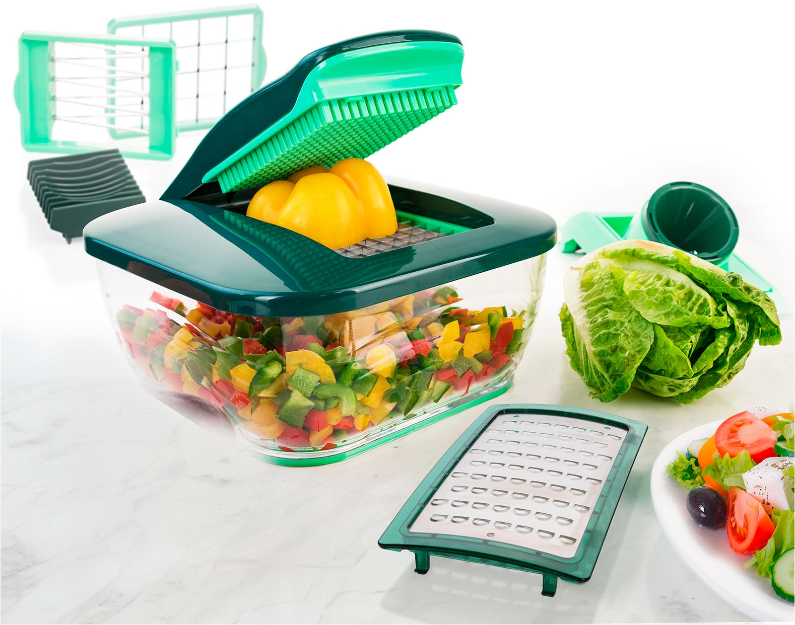 Genius Zerkleinerer »Nicer Dicer Chef inkl. Julienne-Reib-Einsatz, Set 16-tlg.« Nicer Dicer Schneidgerät in der 10. Generation für die ganze Familie