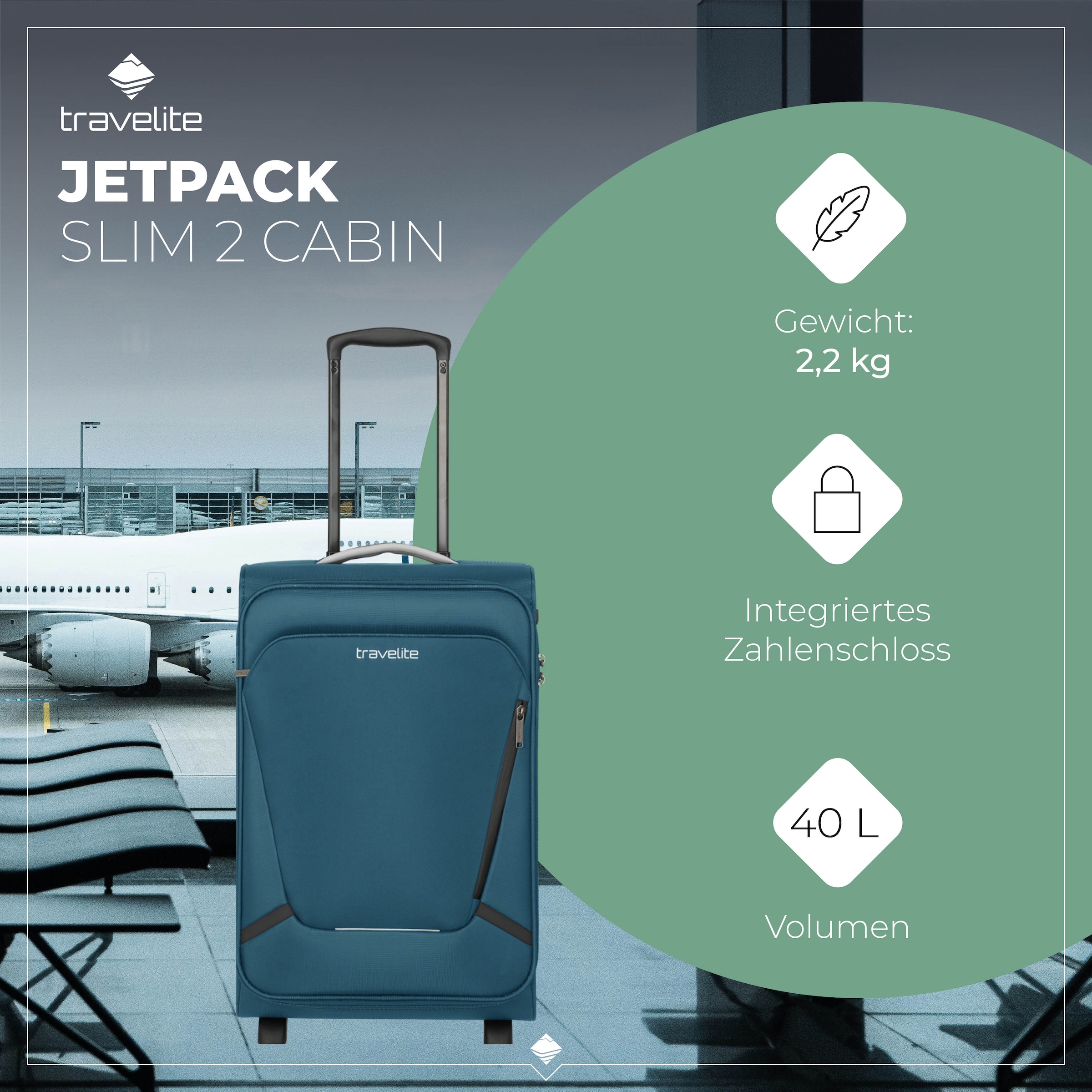 travelite Handgepäck-Trolley »JETPACK Slim 2 Cabin Handgepäck Koffer« 40 l 4 Rollen Weichgepäck, passend für viele gängige Airlines