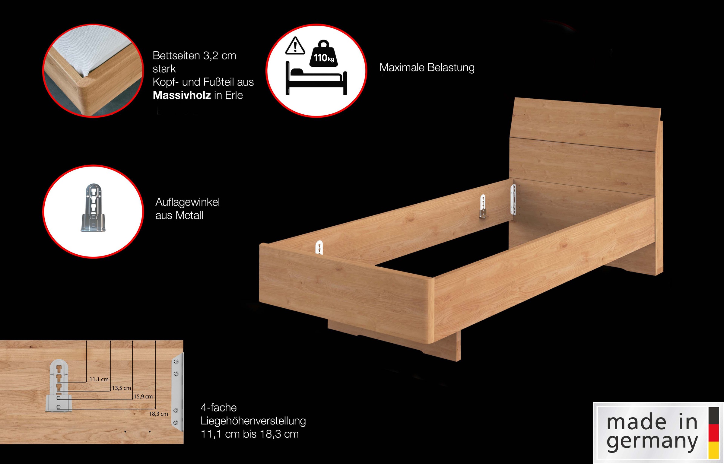 WIEMANN Holzbett »Cardiff, Bettgestell, Bettrahmen, teilmassiv Erle« Belastbarkeit 110/220 Kg, 4-fache höhenverstellbar, MADE IN GERMANY,  Kopf- und Fussteil aus Massivholz in Erle, verschiedene Grössen