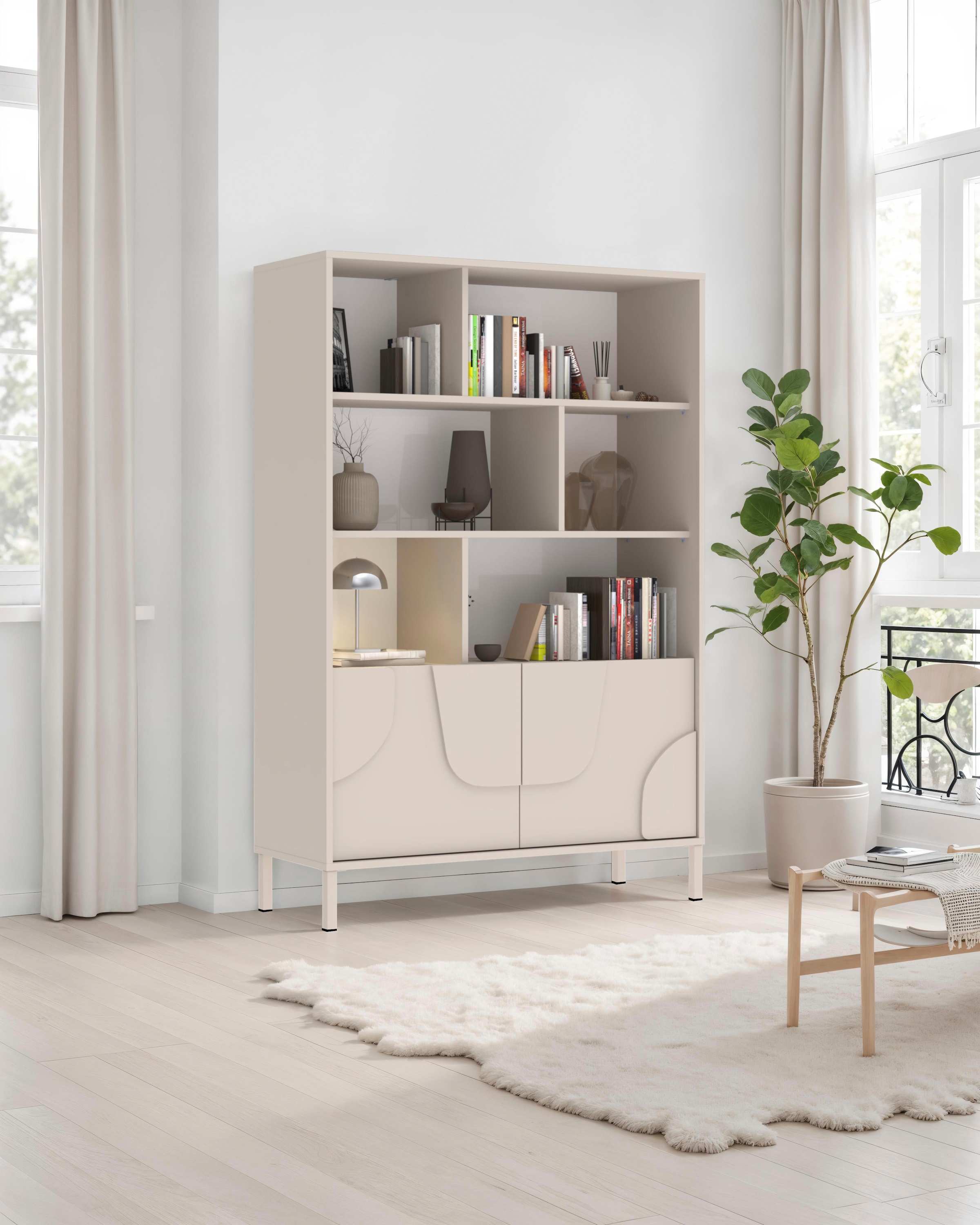 INOSIGN Highboard »Stone, H 155/141, B 105 cm, 2 Türen, 6 offene Fächer, Regal-Schrank« 3D-Design, Push-to-open, Stauraum dekorativ & praktisch, Füsse wählbar
