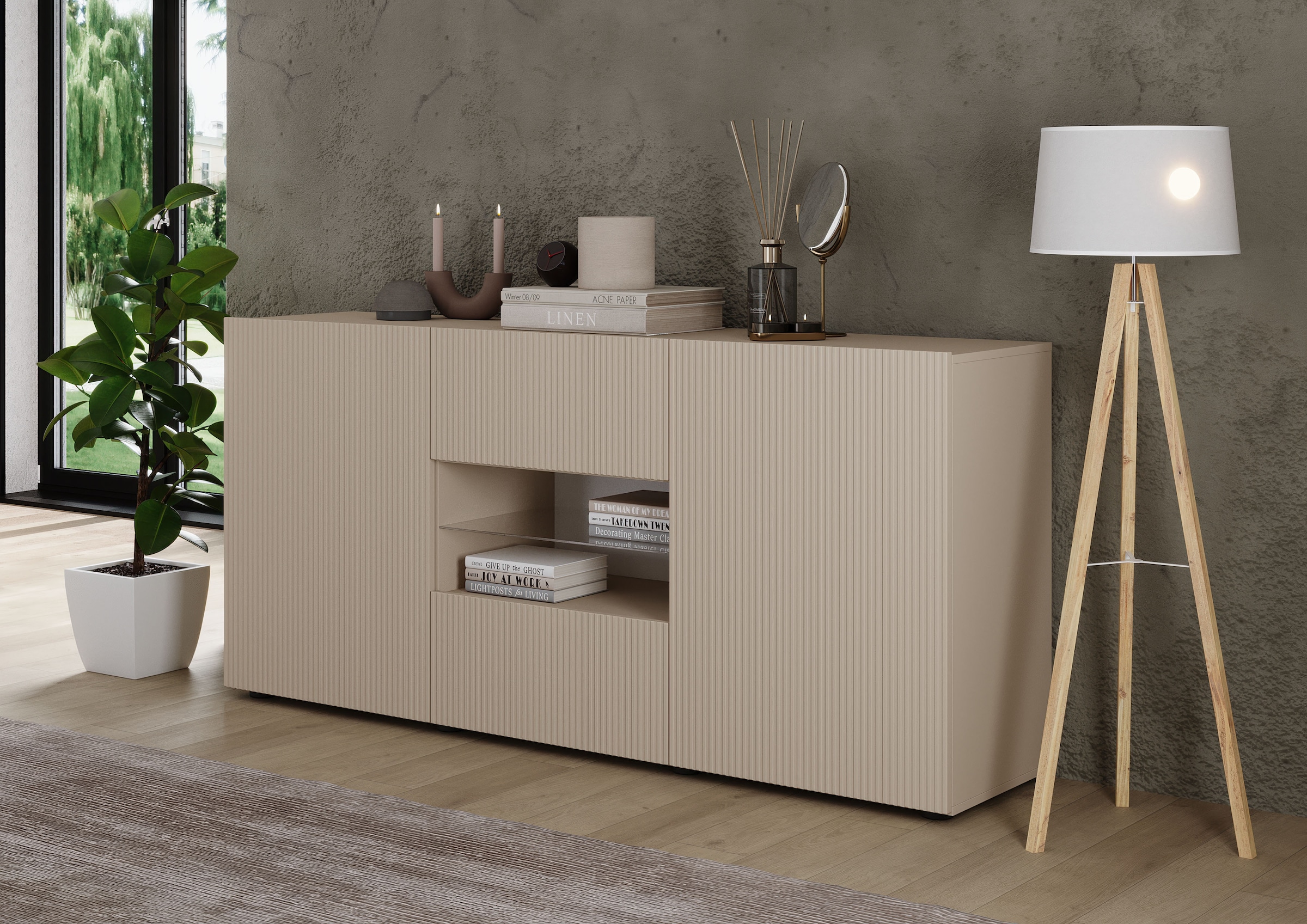Home affaire Sideboard »Rio Breite 181 cm, Kommode mit 2 Türen u. 2 Schubkästen,« geriffelte MDF-Fronten, modern u. elegant, viel Stauraum