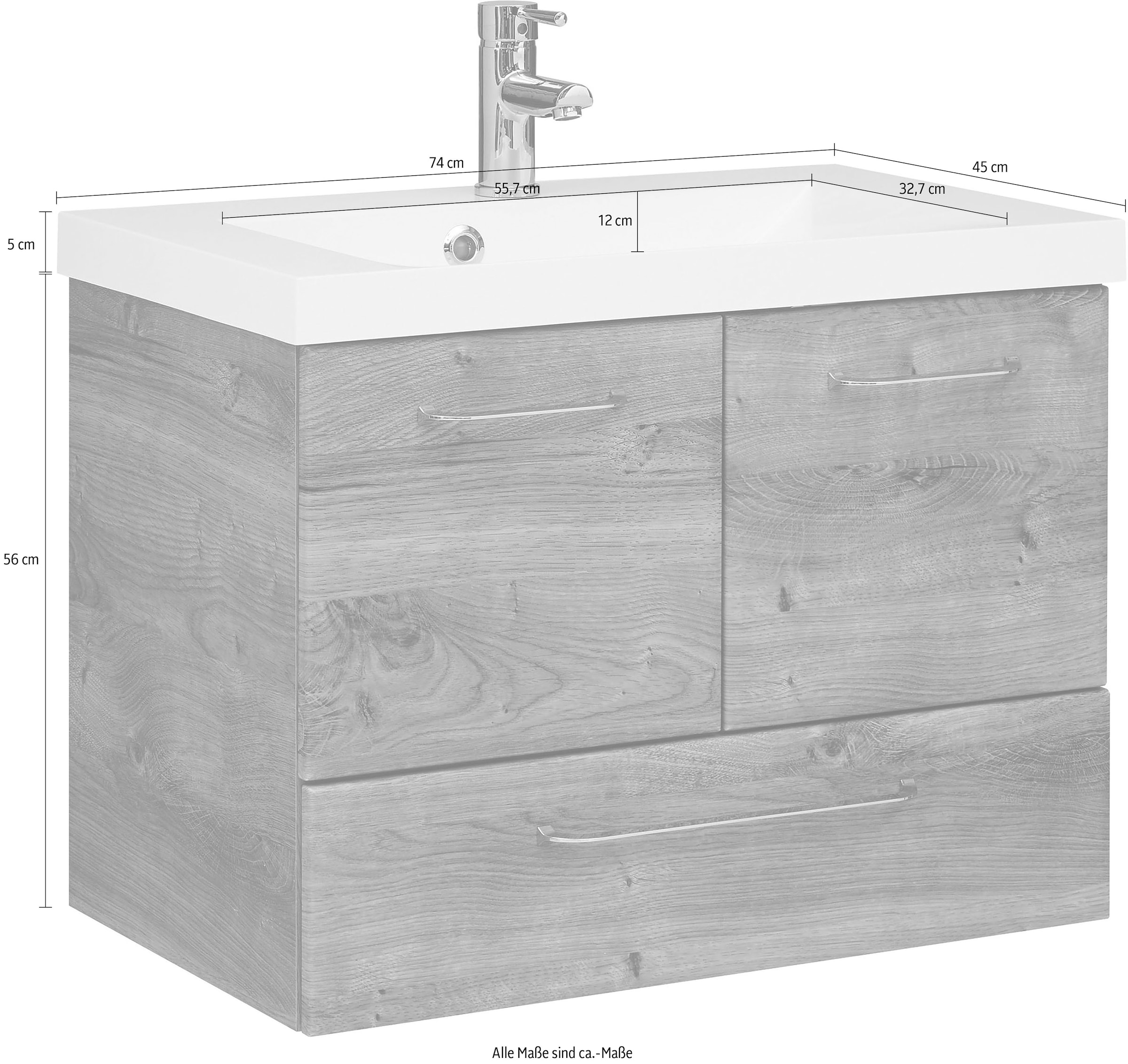 Saphir Waschtisch »Quickset Mineralmarmor-Waschtisch mit Unterschrank, 74 cm breit« Wachplatz, Griffe Chrom Glanz, inkl. Türdämpfer, 2 Türen, 1 Schublade