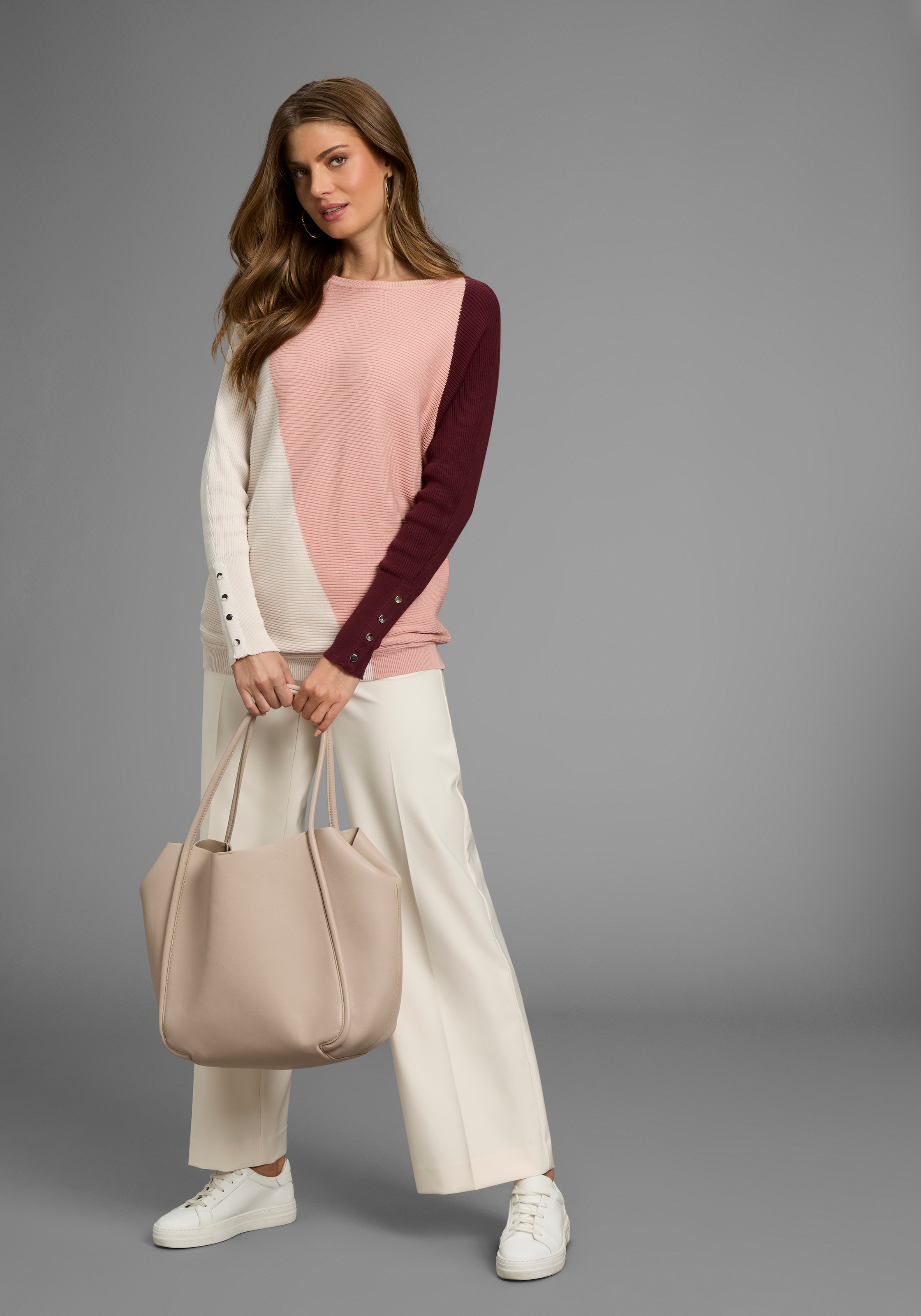 Laura Scott Fledermauspullover Übergangspullover mit breiten Streifen und Knopfdetails