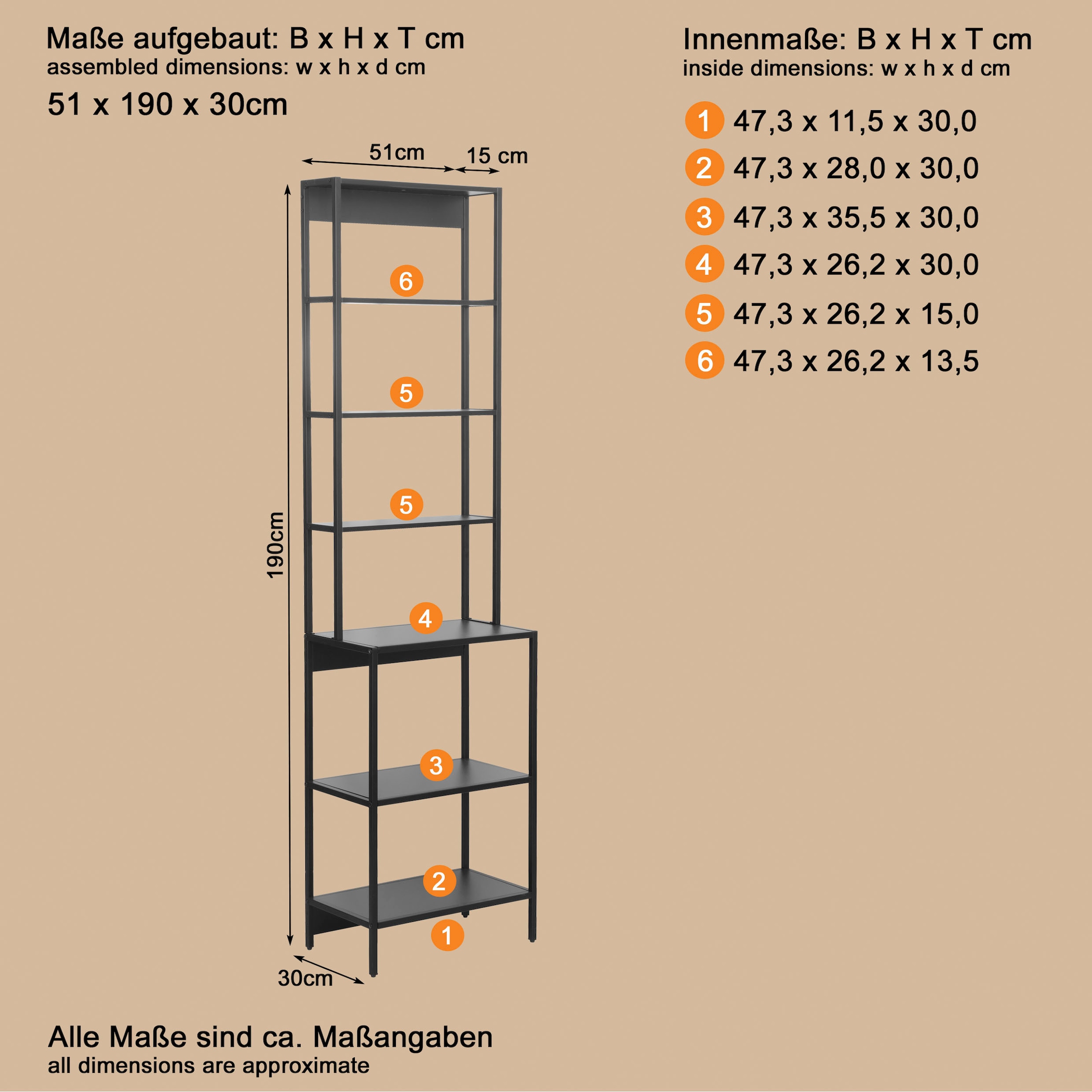 welltime Étagère de salle de bain »Lodi« 1 cuis tlg. Hochregal mit Metallrahmen, 6 Böden - (B/T/H) 51/30/190 cm