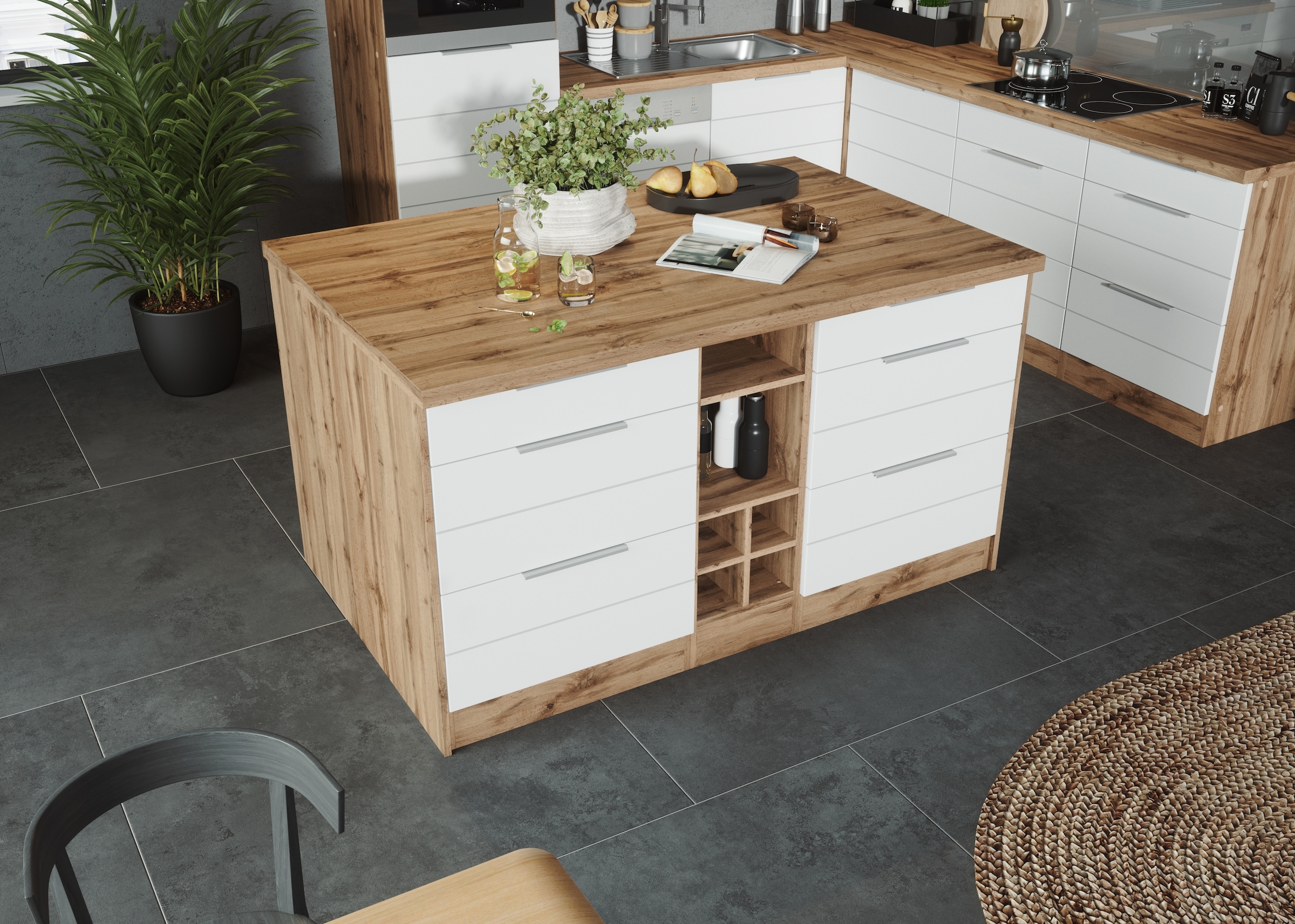 KOCHSTATION Ilot de cuisine »KS-Luhe, Breite 153 cm, mit Flaschenregal« façades MDF, plan de travail épaisseur 38mm