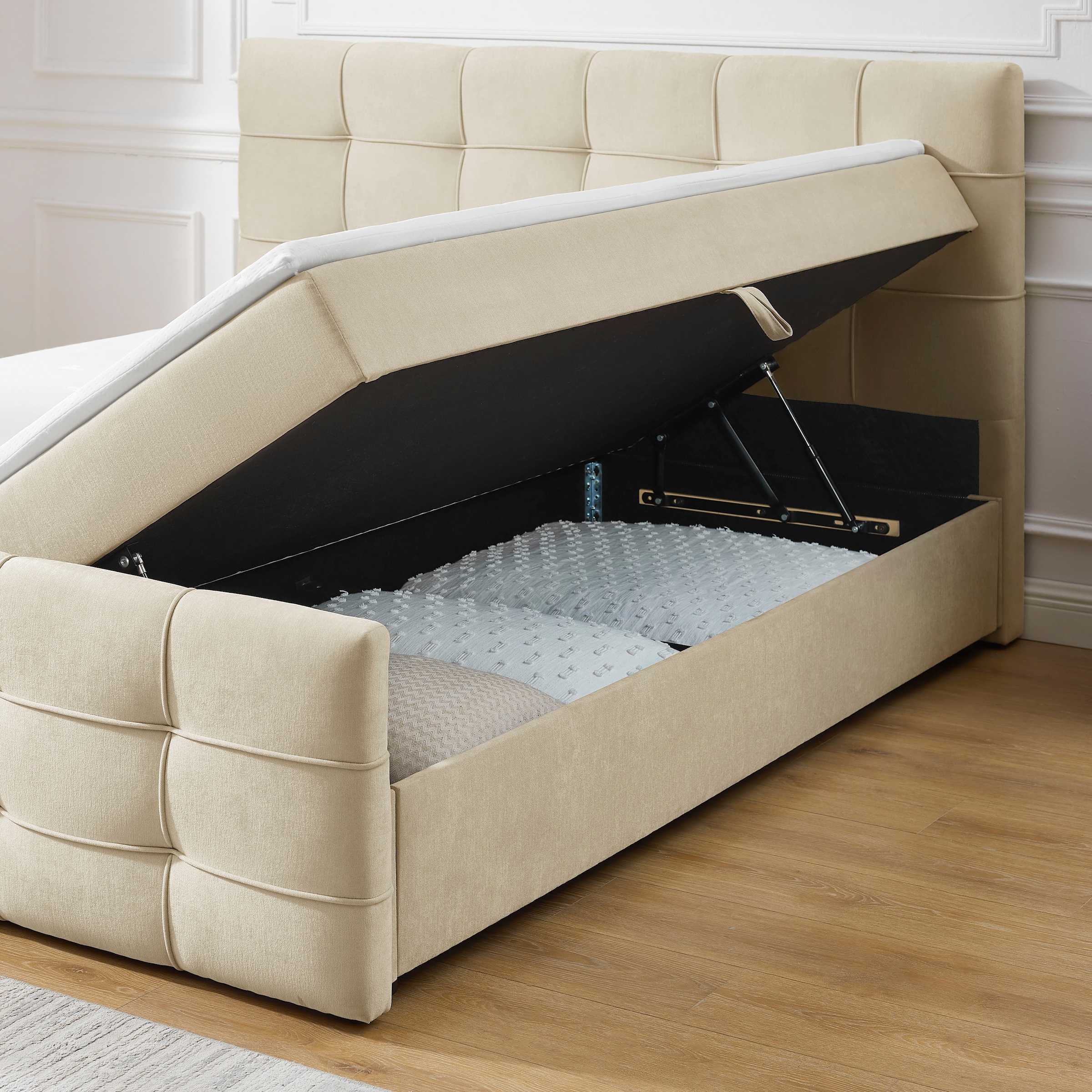 GOODproduct Lit de boxe »LILIENNE, Polsterbett mit Bettkasten und Taschenfederkernmatratze H3« avec surmatelas en mousse froide, revêtement en chenille, 160x200 & 180x200 cm