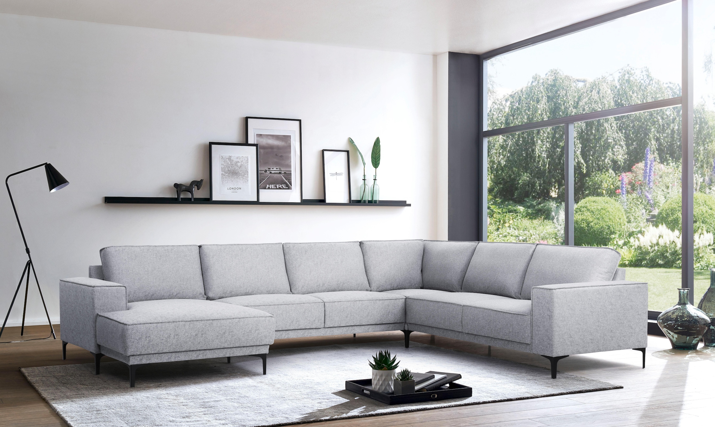 PLACES OF STYLE Paysage de salon »XXL Sofa Oland, Struktur, Flachgewebe, Luxus-Microfaser, Boucle« U-Form, 342 cm, Wellenunterfederung, Skandi-Design, Metallfüsse