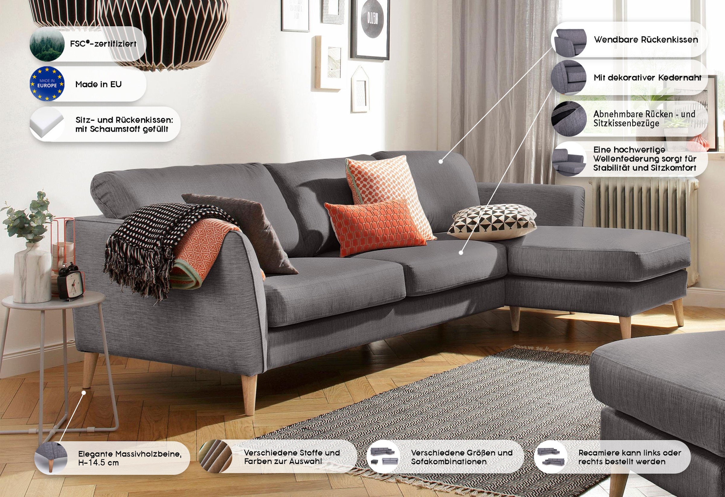 Home affaire Canapé d'angle »MARSEILLE (279/152cm),L-Form, Rec. rechts/links, verschiedene Bezüge« Massivholzbeine Eiche, Landhausstil, Wellenunterfederung