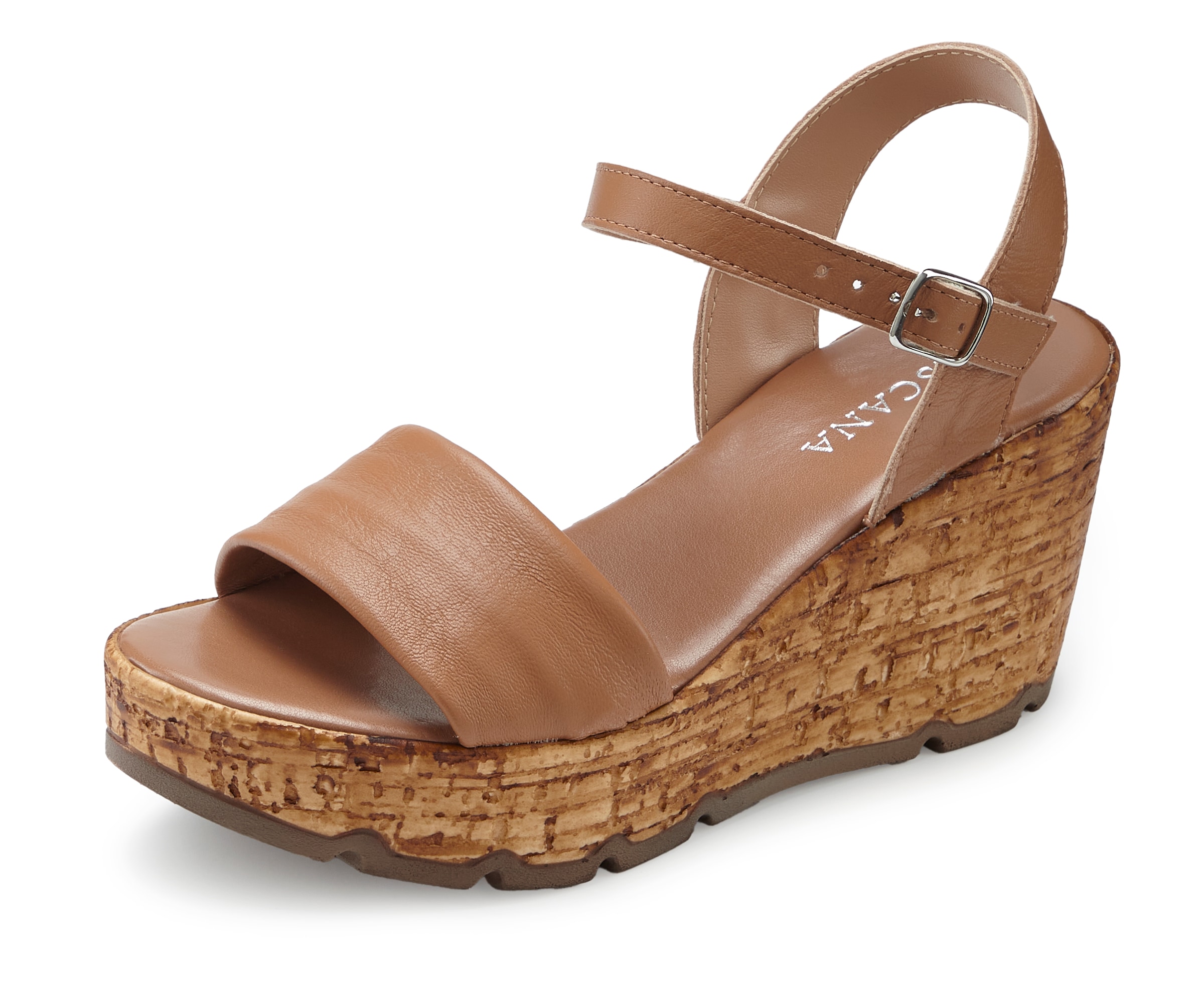 LASCANA Sandales »Sommerschuh, offener Schuh, Sandale, Keilsandalette,«  NOUVEAU en cuir avec talon compensé aspect liège