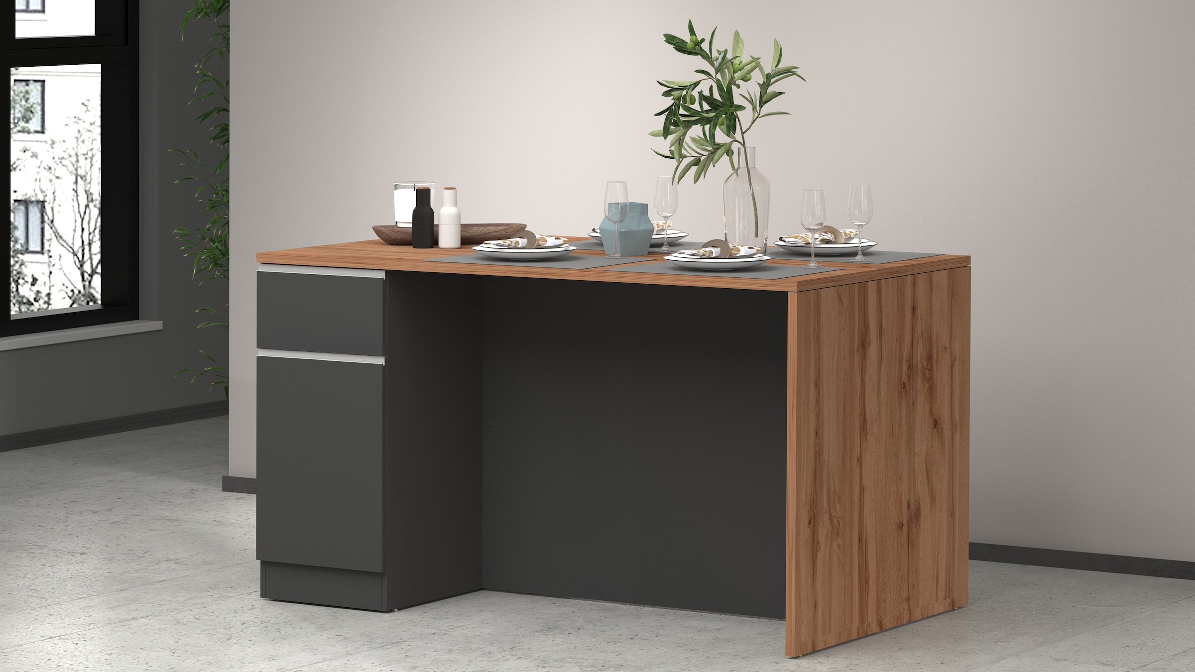 KOCHSTATION Ilot de cuisine »Sole,Kochinsel,Küchenarbeitsblock,Inselküche,Arbeitsinsel« Breite 160 cm mit 2 Türen,2 Schubkästen, Aluminiumgriff