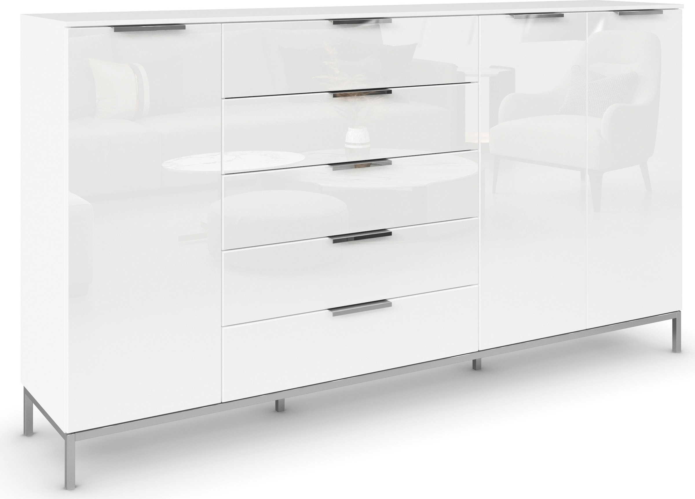 rauch Kombikommode »Kommode Türkommode Sideboard Kombikommode FLIPP mit Glasfront« Breite 200 cm mit 4 Einlegeböden,  3-türig mit 5 Schubladen und Soft-Close-Funktion sowie Glasfront