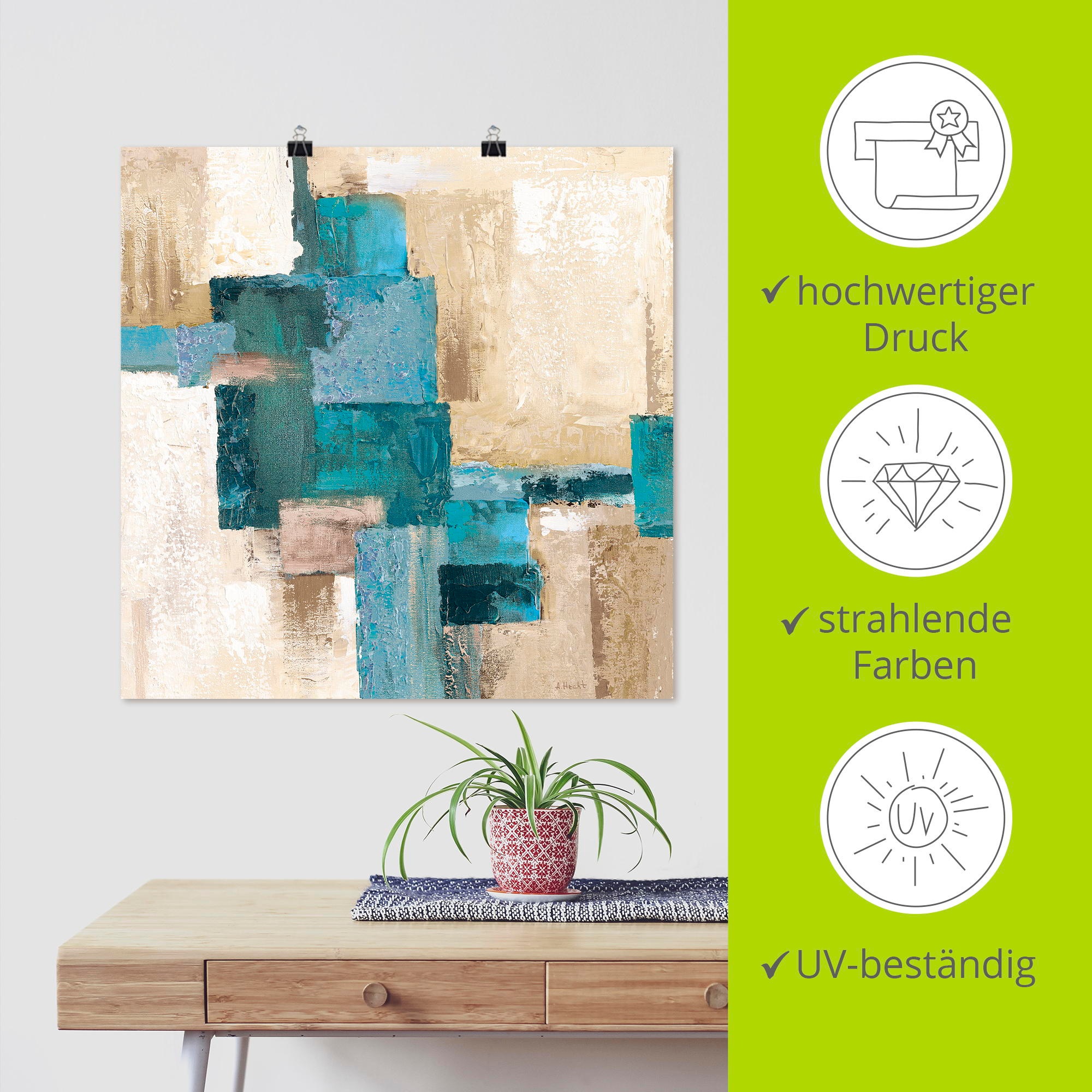 Artland Wandbild »Abstrakte Karos beige-türkis« Muster 1 Stk. tlg. als Leinwandbild, Poster in verschied. Grössen