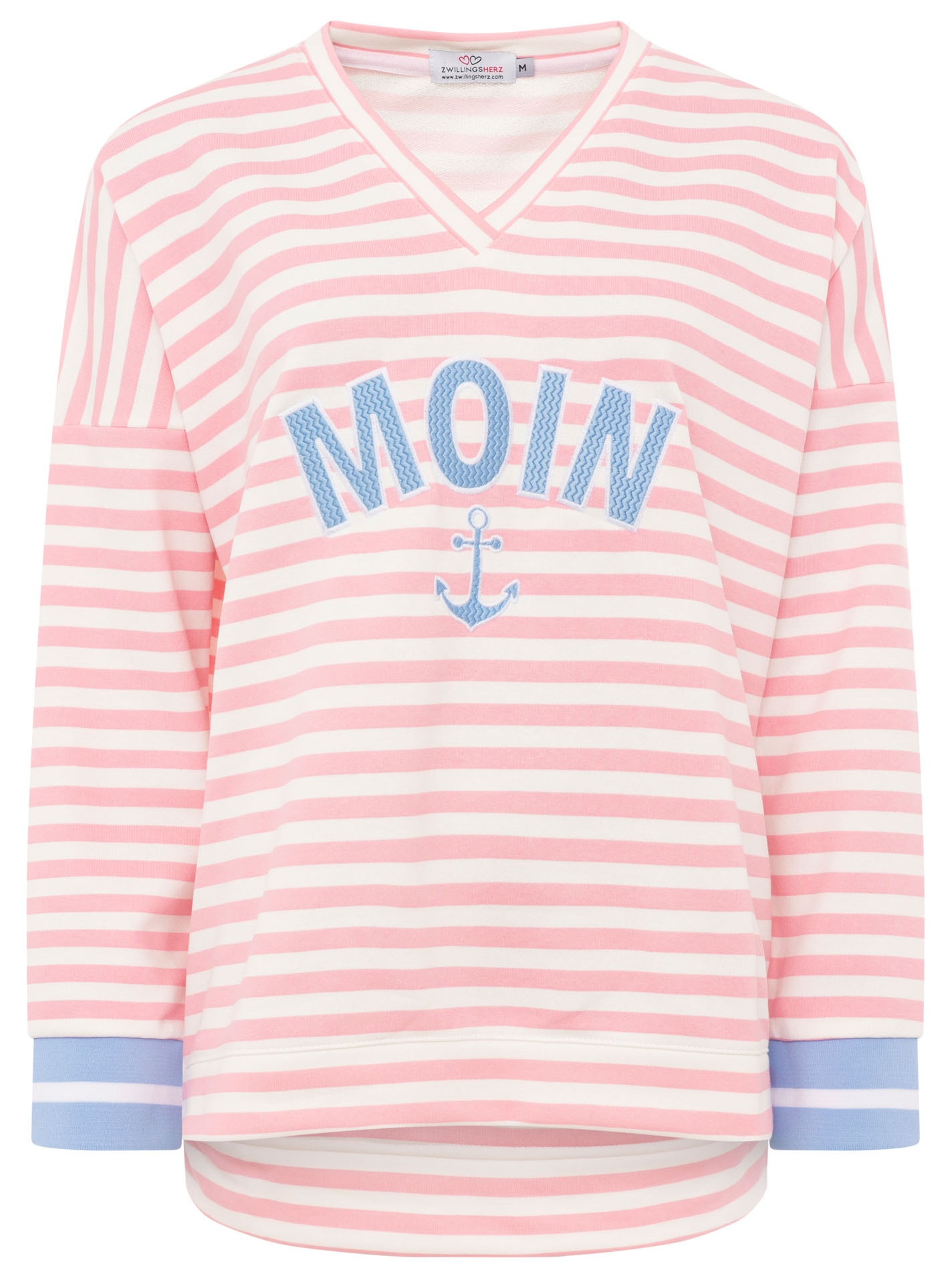 Zwillingsherz Hoodie »"Streifen Moin"«, V-Neck, gestreift, Stickerei mit Anker, gestreifte Bündchen
