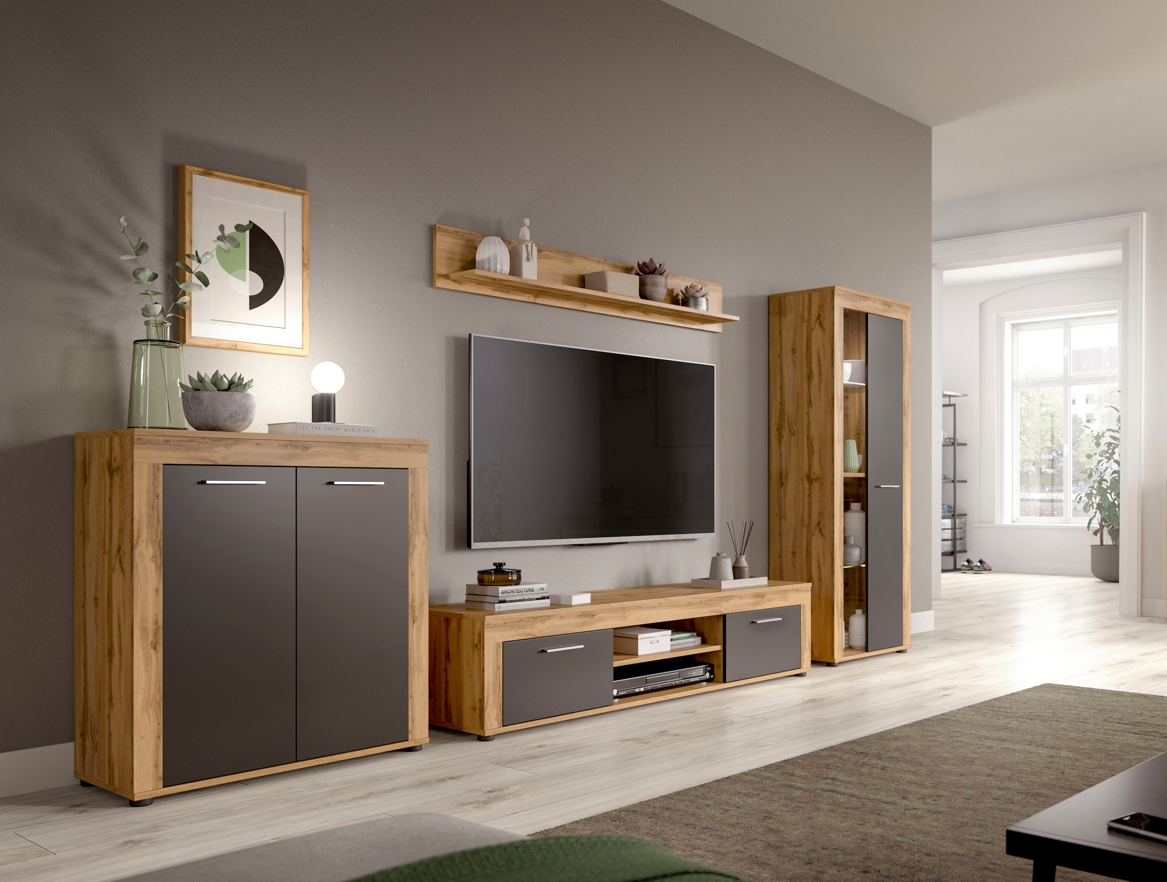 Home affaire Meuble mural »AOSTA, Breite 235cm, 3-teilige Wohn-Kombination« bestehend aus: Lowboard, Wandboard, Vitrine, 3 cuis tlg.