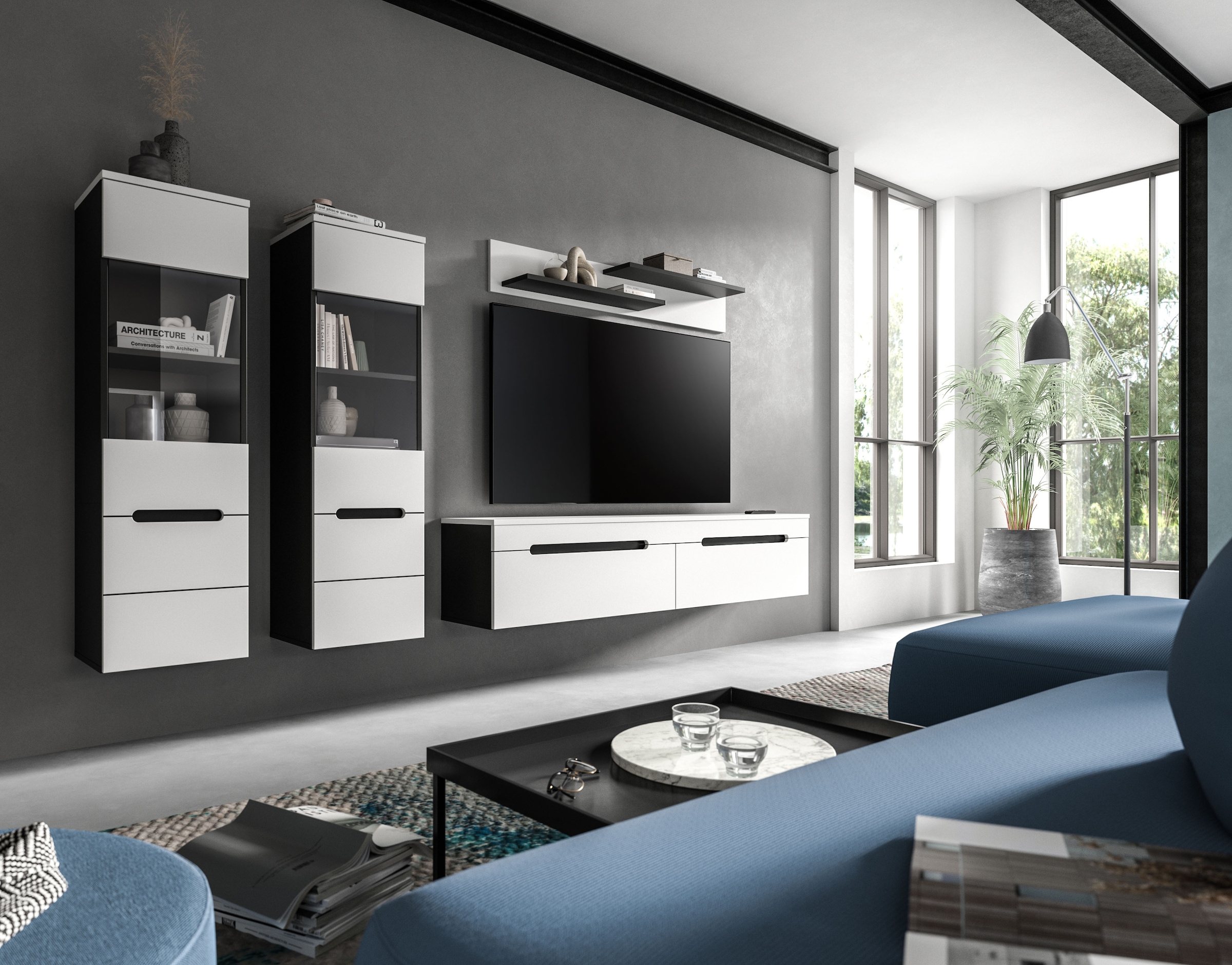 Home affaire Meuble mural »REHAT, TOPSELLER!, 4-teilig, wahlweise stehend und hängend montierbar« Set bestehend aus: 2x Vitrine, Lowboard und Wandboard, 3 cuis tlg.