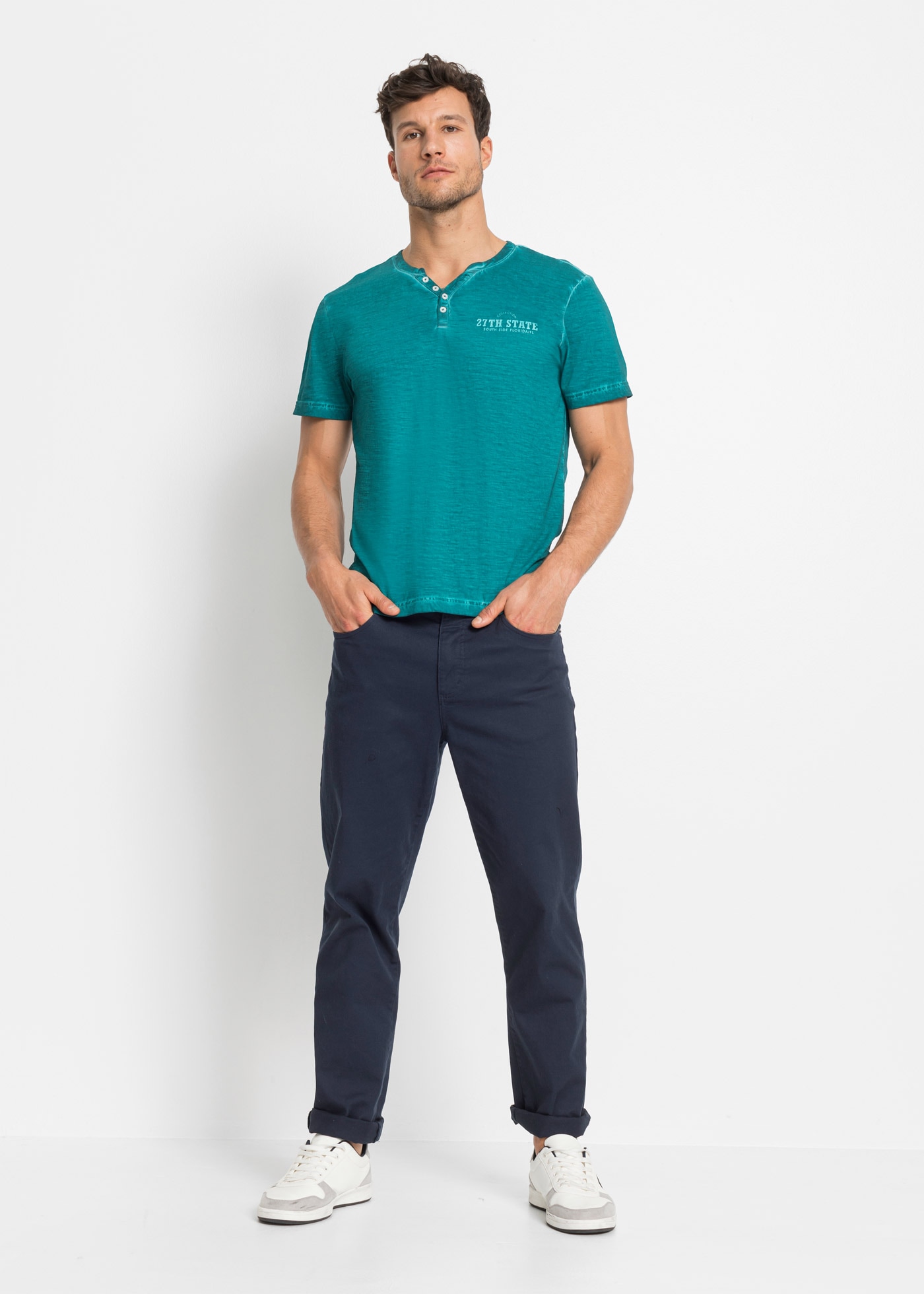 bonprix T-shirt Henleys Regular fit, Kurzarm, aus Baumwolle, Fade Out Look